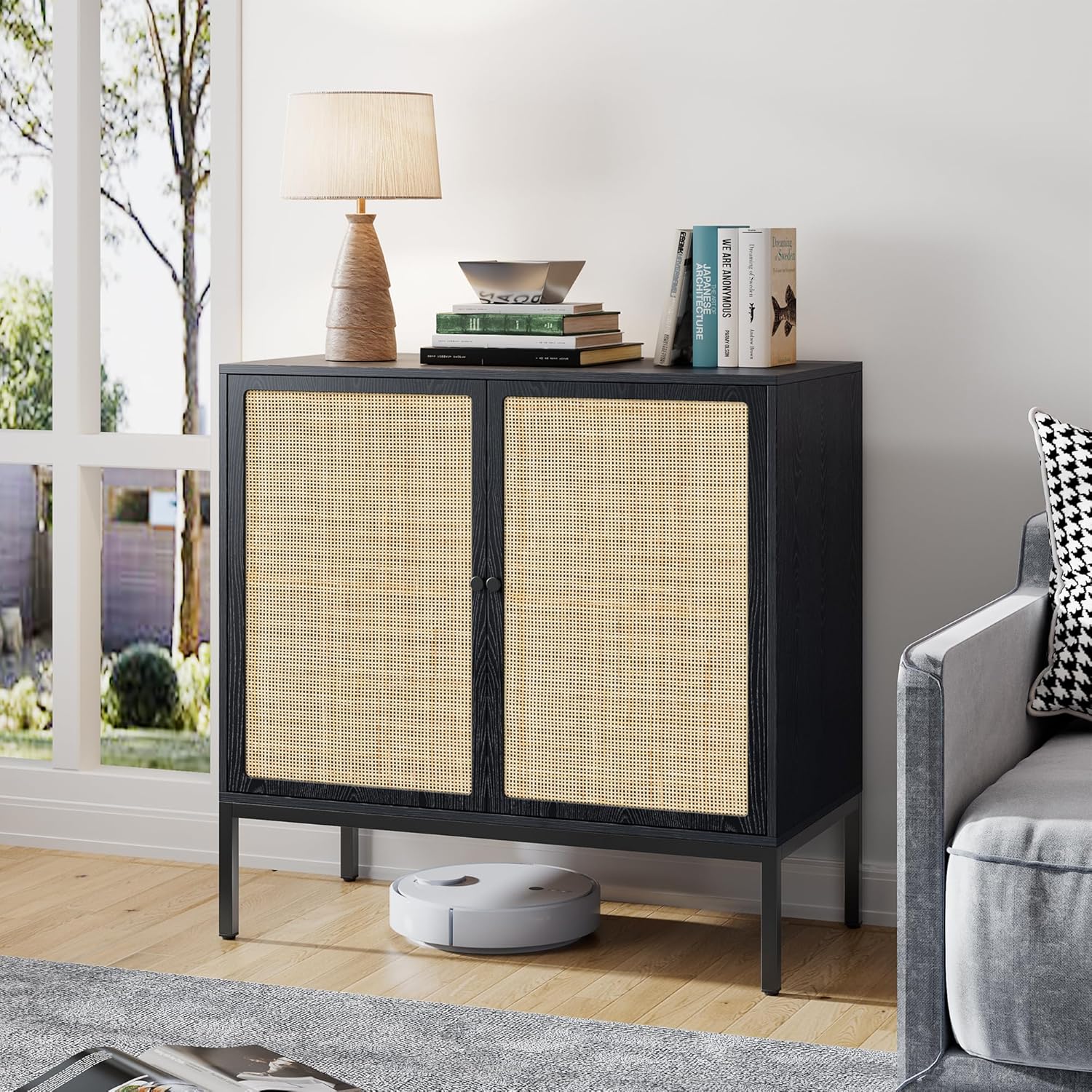 Brafab Juego de 2 gabinetes de ratán para bufé, aparador con puertas decoradas de ratán natural, gabinete de acento, para sala de estar, entrada,