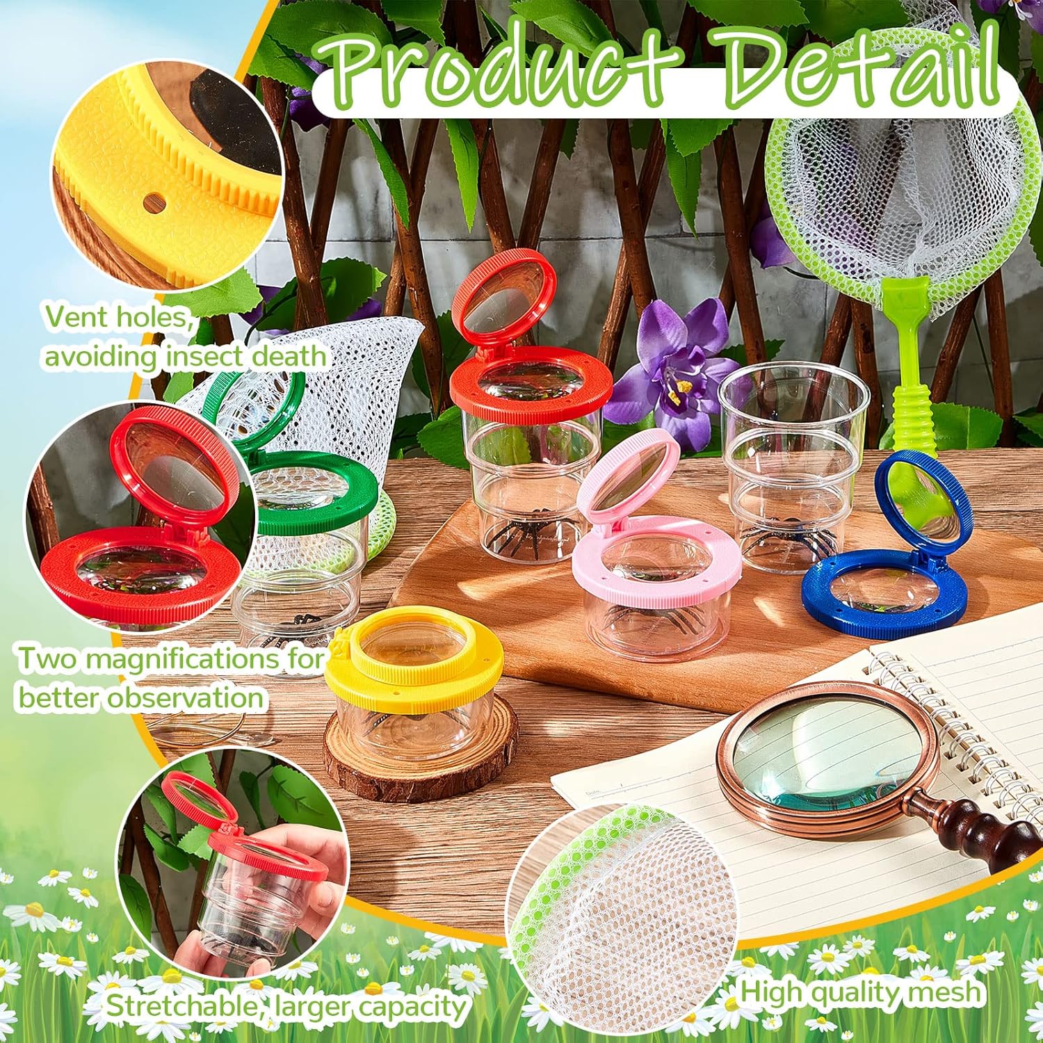 Jexine 50 piezas de lupa para insectos, visor de insectos, red de mariposa, contenedor de lupa para insectos, jaula de insectos para niños,