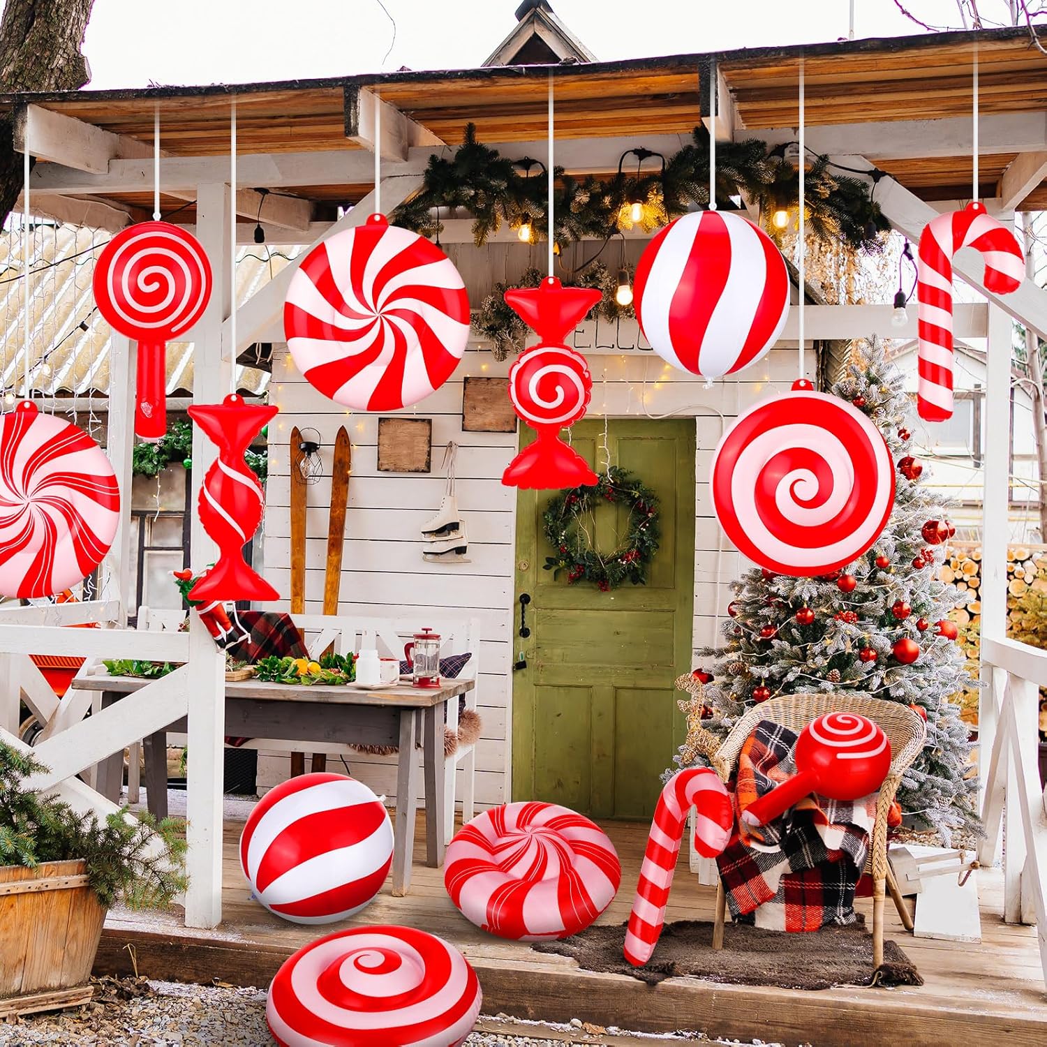 Jetec 16 piezas de dulces inflables de Navidad de 9 pulgadas, decoración colgante de caramelo de bastón de caramelo, remolino, adorno inflable de