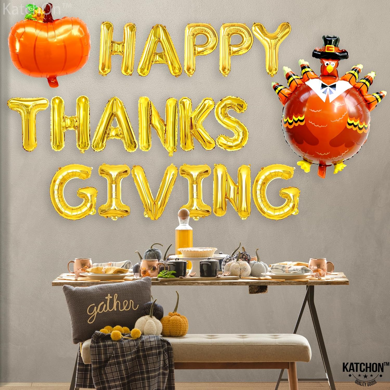 KatchOn, Juego de pancartas de globos con texto en inglés Happy Thanksgiving, tamaño grande de 16 pulgadas, paquete de 3, globos de pavo y calabaza,