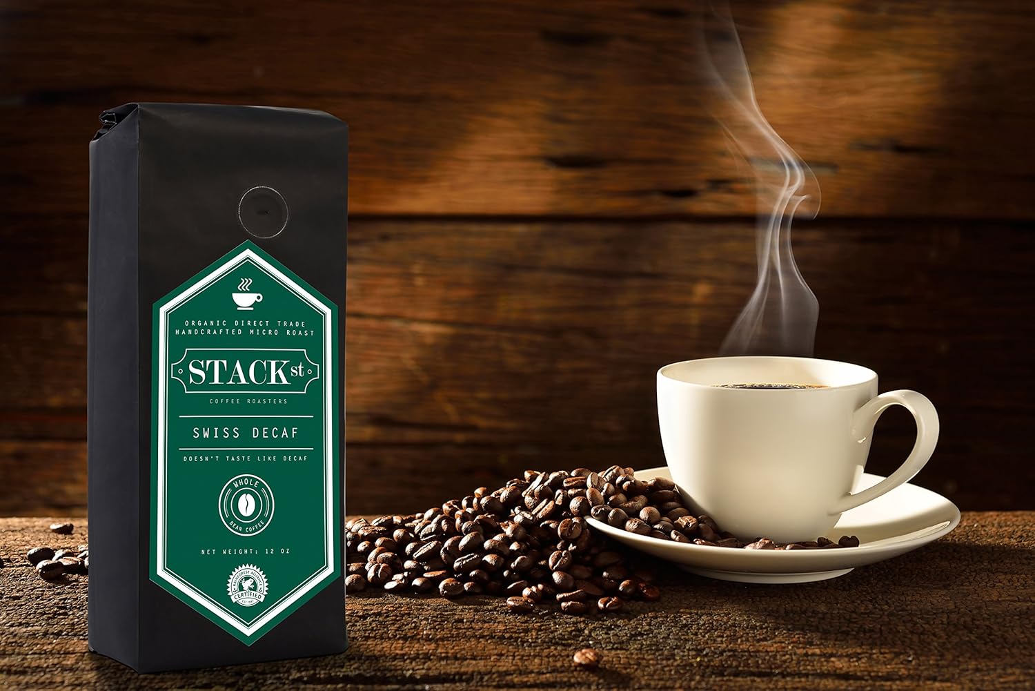Granos de café descafeinado suizos, lote pequeño, tostado medio, certificado orgánico, 12 onzas, microtostado hecho a mano por Stack Street