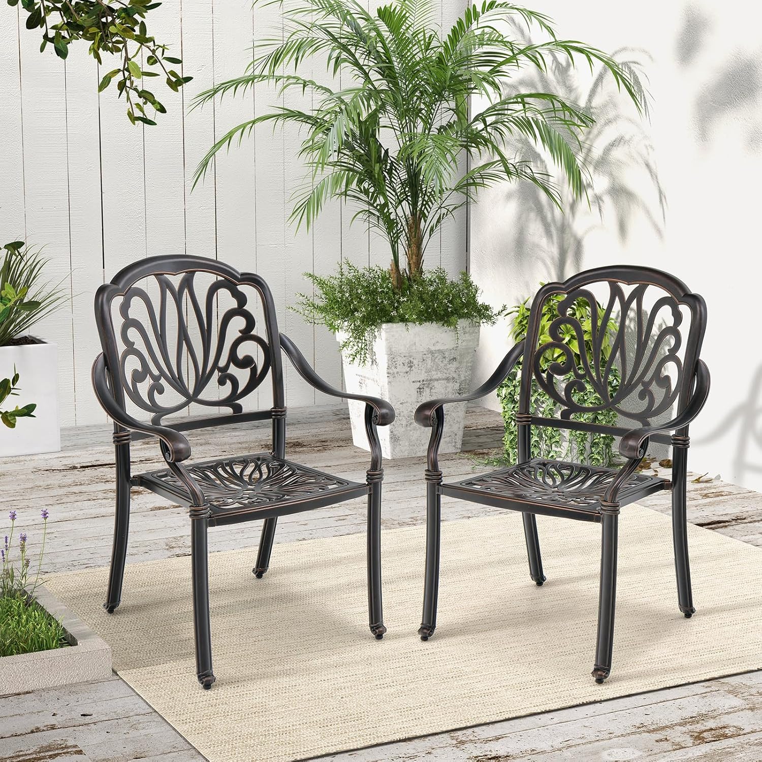 Tangkula Juego de 2 sillas de comedor de aluminio fundido para patio, sillas de comedor apilables al aire libre con reposabrazos, sillas de bistró