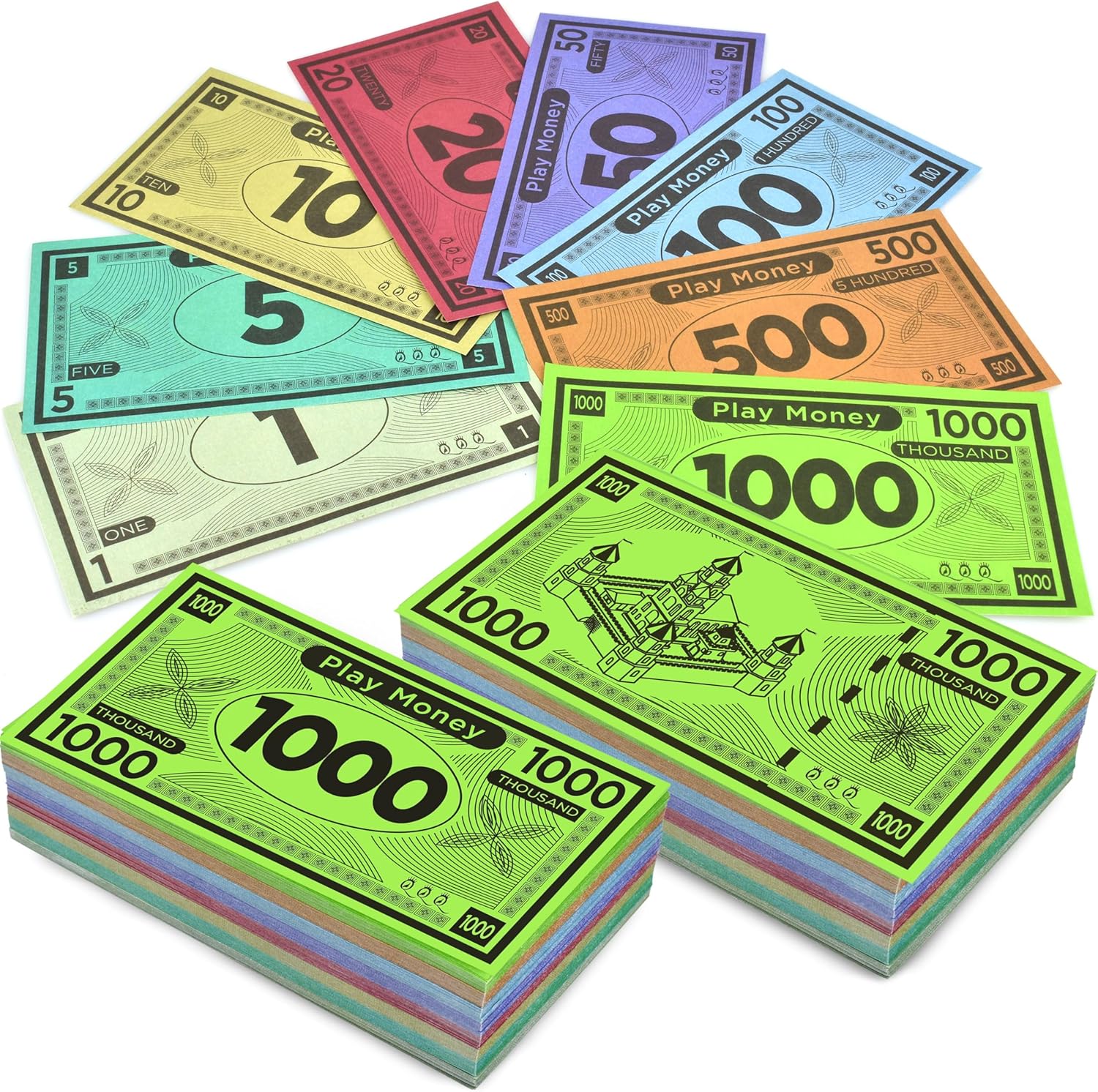 Dinero de juego adecuado para juegos de mesa Monopoly  480 piezas de 60 billetes de cada denominación  Papel de impresión de doble cara para cajero