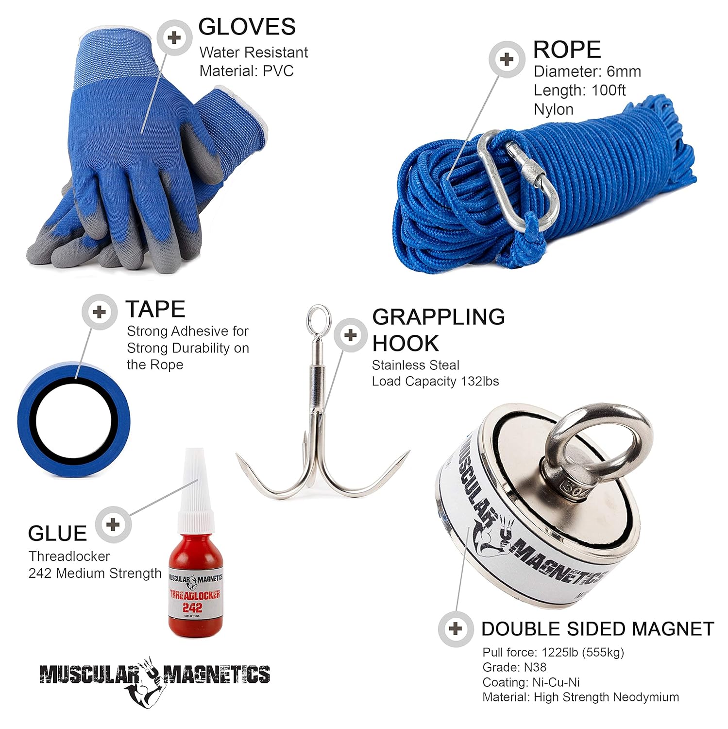 Paquete de pesca con imán de 1225lb de doble cara, incluye cuerda de alta resistencia de 6mm de diámetro y 100 pies de longitud, mosquete, guantes