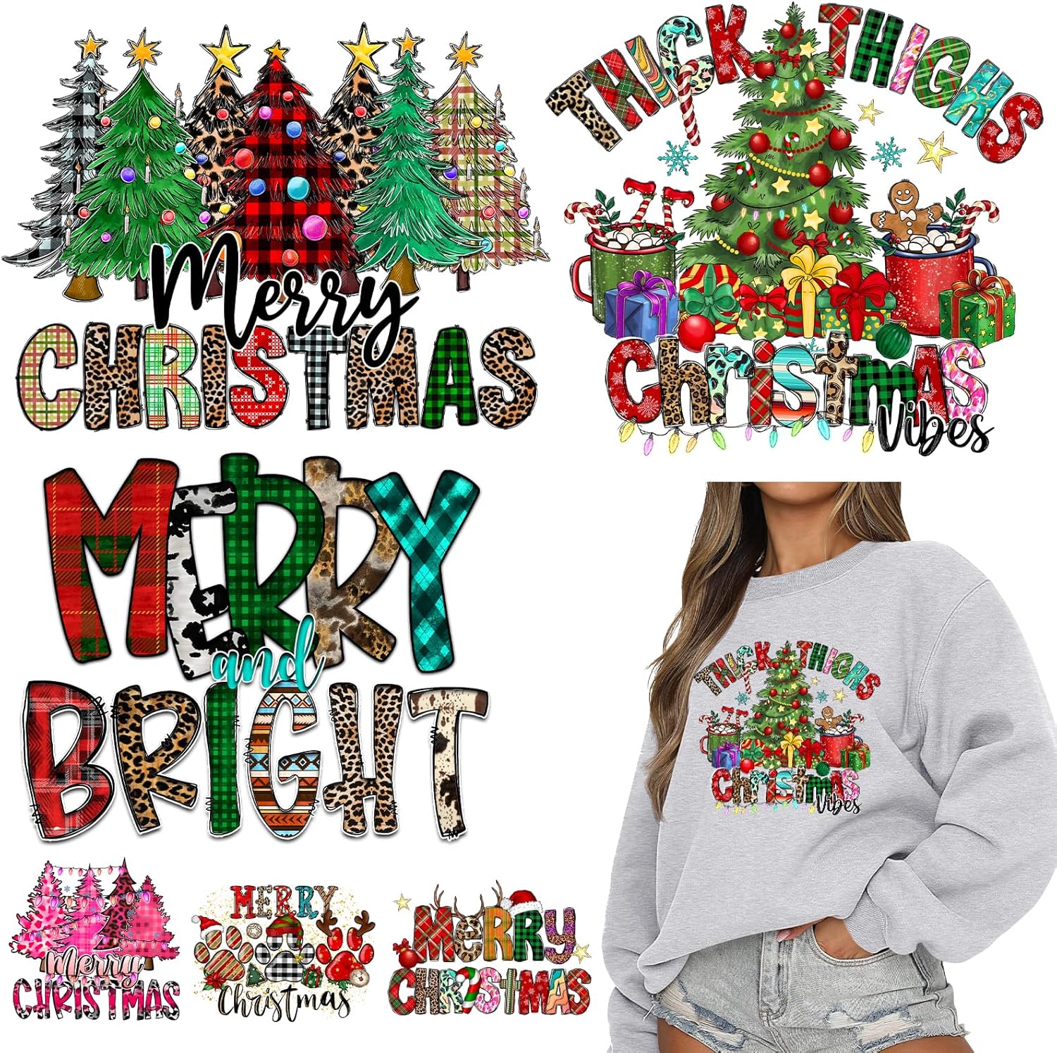 Calcomanías para planchar con texto en inglés Merry Christmas para árbol de Navidad, Papá Noel, parches de transferencia de calor para ropa,