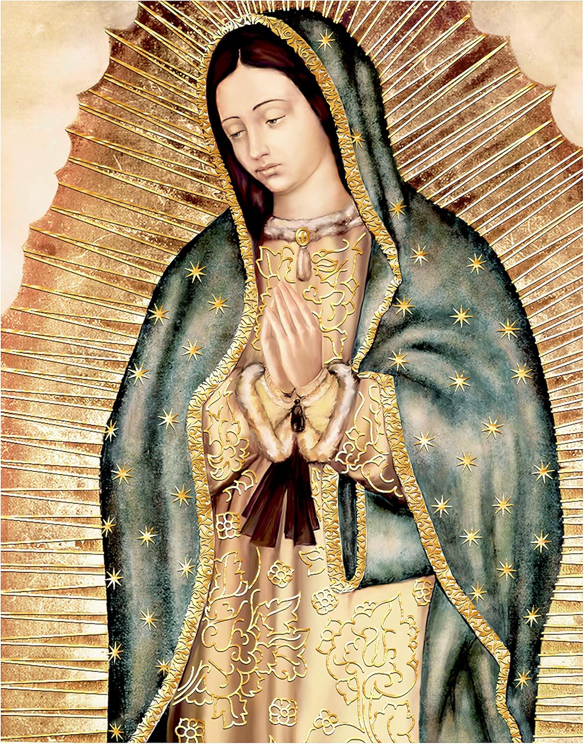 Retrato corporal de Nuestra Señora de Guadalupe con borde dorado clásico (10 x 12 pulgadas), arte religioso de pared, impresión laminada, sin marco,