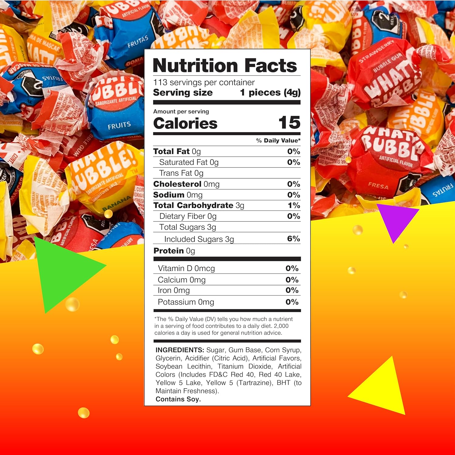Whatta Bubble – Chicle con sabores surtidos de frutas (bolsa de 1 libra, aproximadamente 110 unidades)