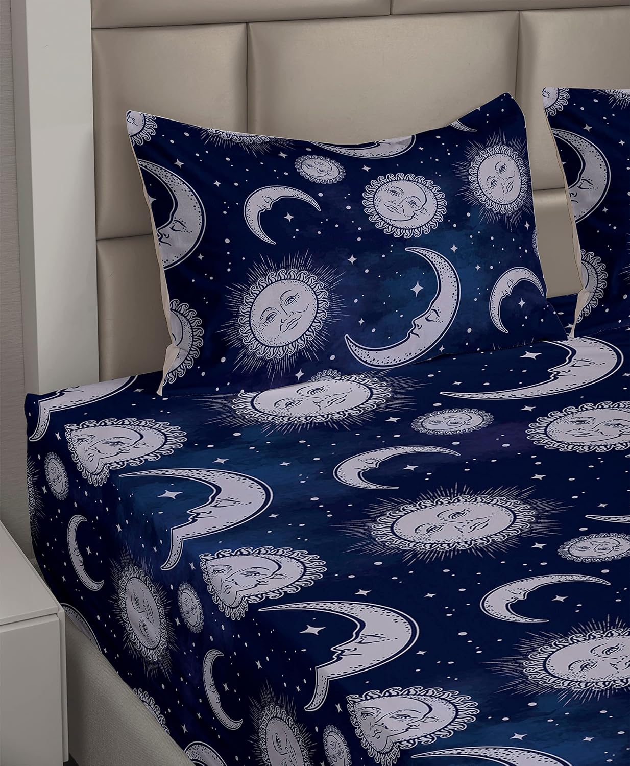 Ambesonne Boho Art Sheet Set, Astrology Inspired Sun and Moon Outer Space Galaxy Night Pattern, Fitted and Flat Sheet with Pillowcases Bedding