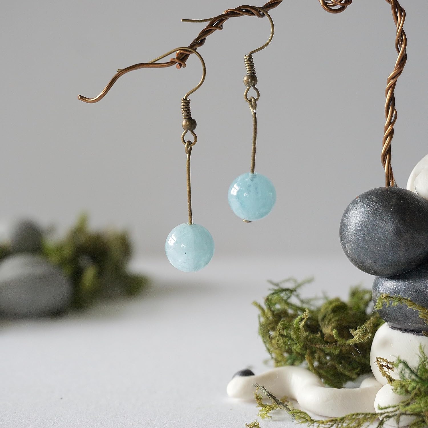 Designs by Nature Gems Handmade Womens Genuine Raw Aquamarine Earrings – Comes with 1.5 Antique Bronze and Gift Box, March Birthstone, Mothers Day