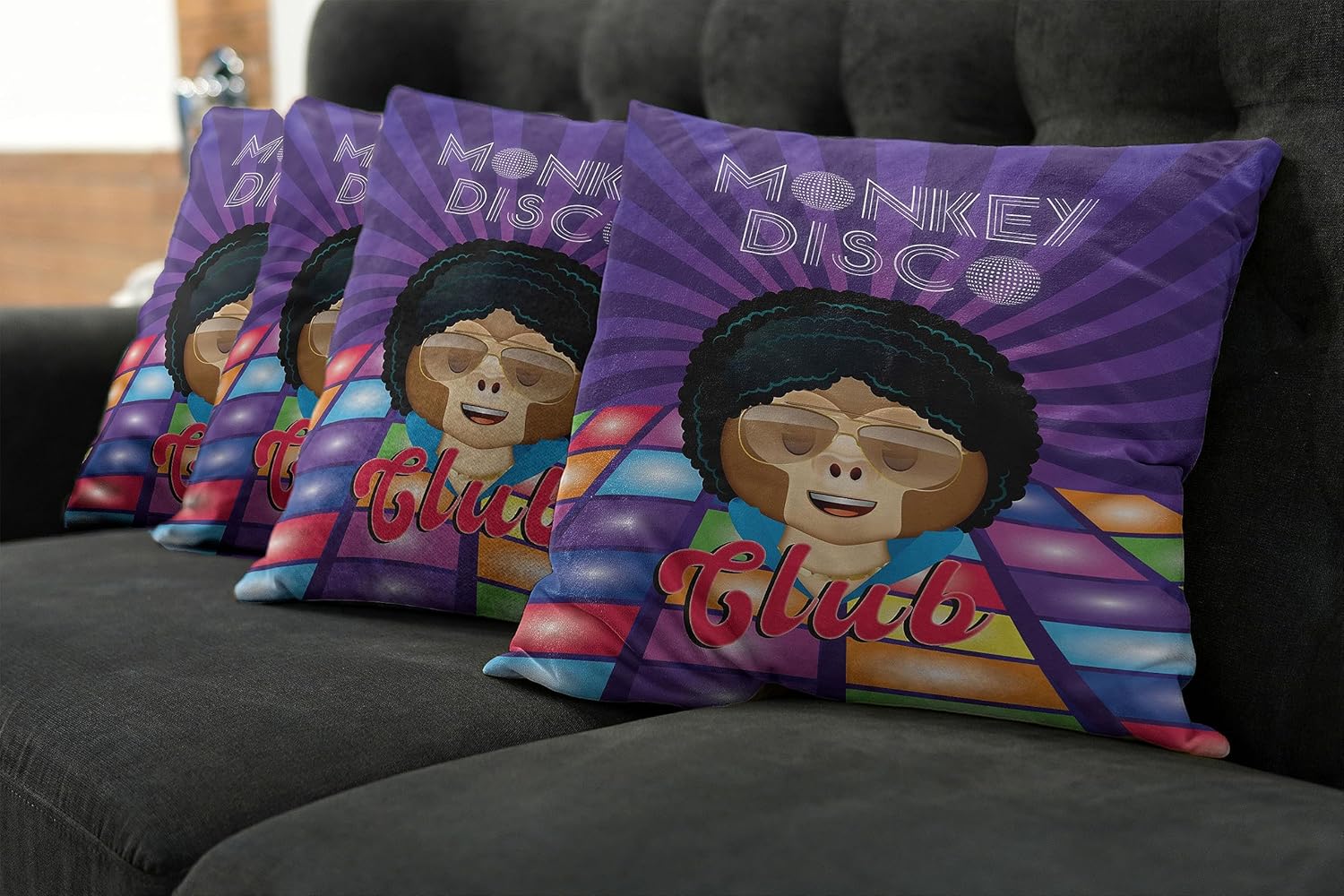 Ambesonne Emoji – Juego de 4 fundas de almohada decorativas, diseño de mono disco retro, divertido personaje de simio con pelo afro loco, funda de