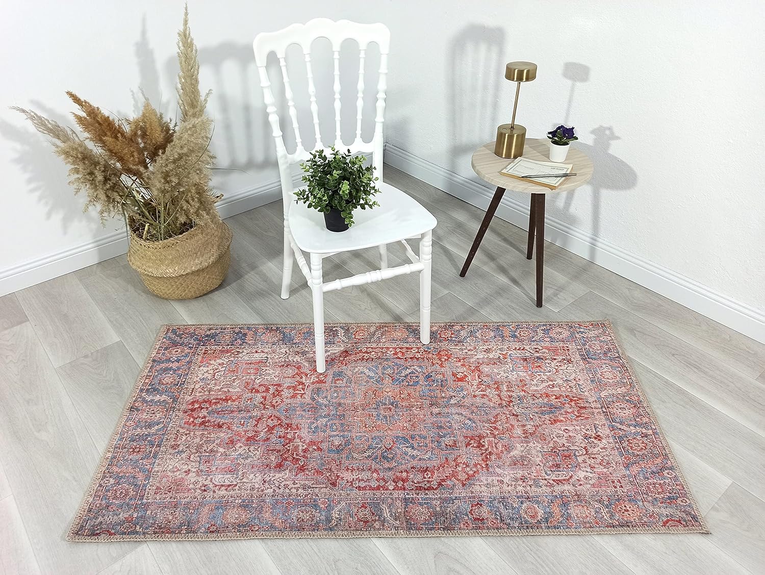 Fame Rugs Alfombras bohemias vintage para sala de estar, dormitorio, terracota, rojo, beige, azul cielo, 2 x 3 pies