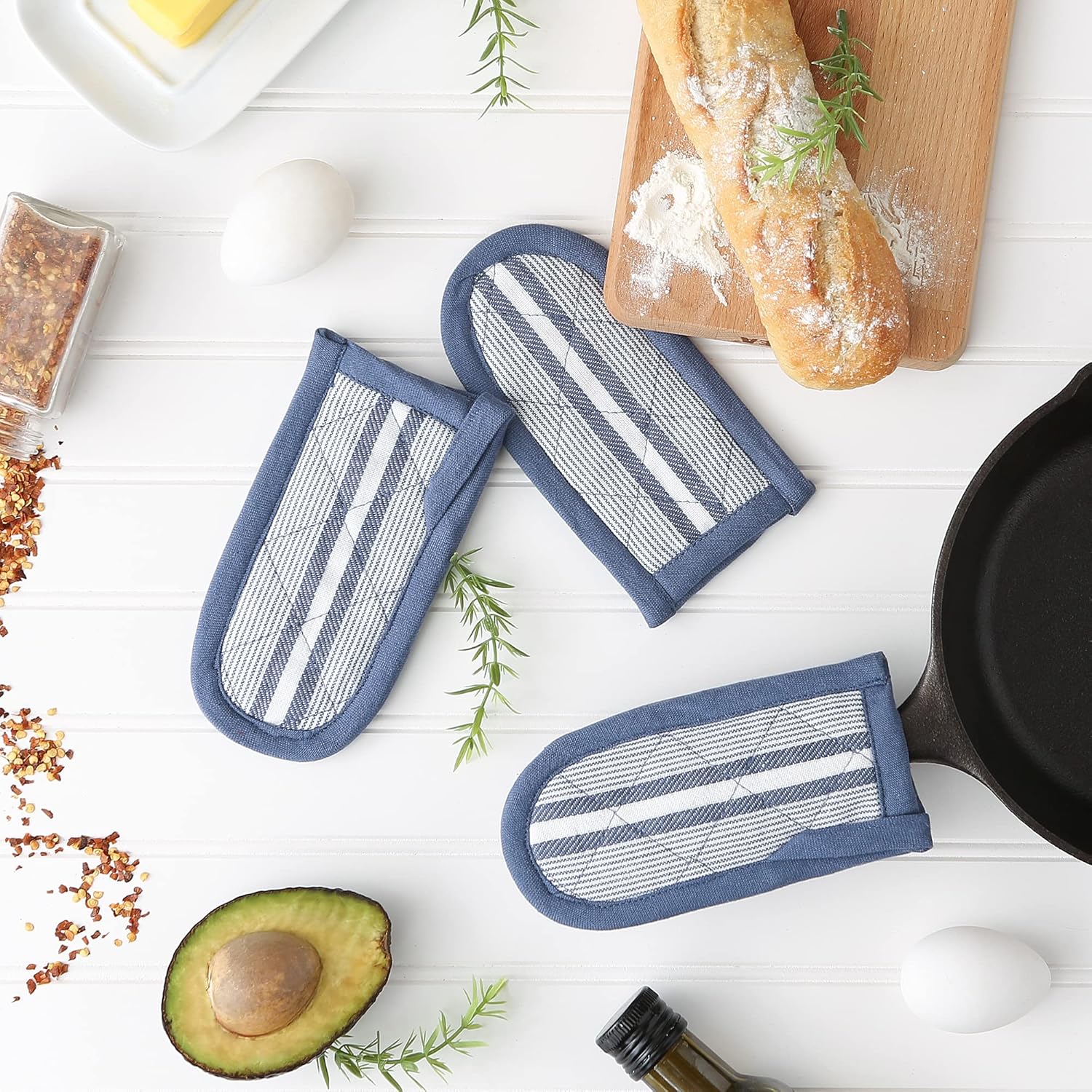 DII Double Strip Chef – Colección de cocina y horneado, juego de asas de sartén, 6 x 3, azul francés, 3 piezas