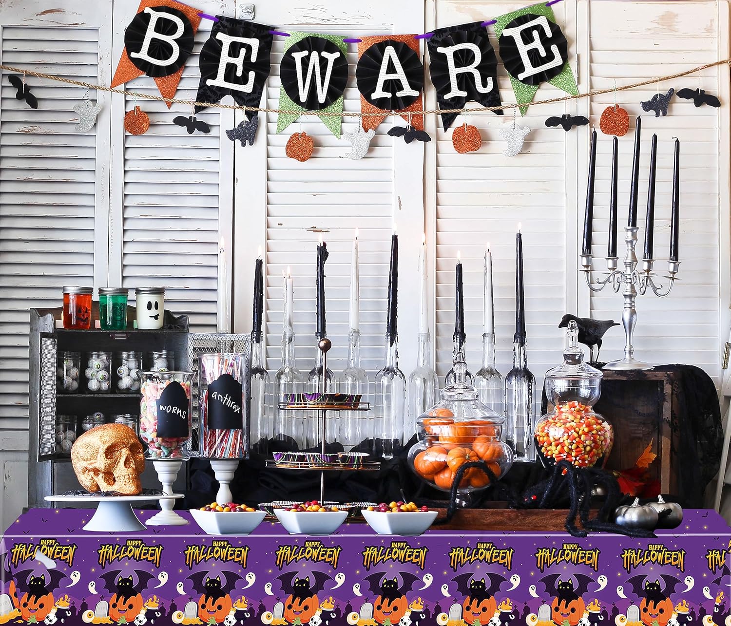 Mantel rectangular de Halloween, paquete de 2 manteles desechables de Halloween de 54 x 108 pulgadas, para niños, tela de araña y patrón de
