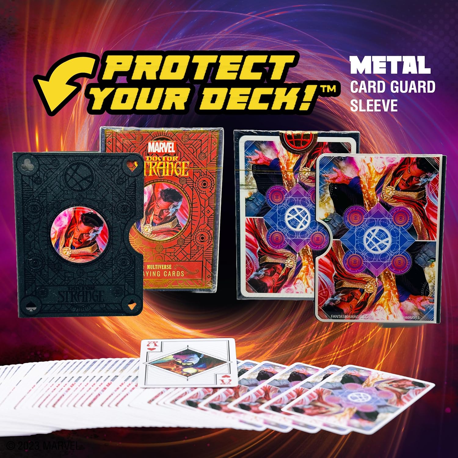 Fantasma Presenta el mazo mágico de cartas coleccionables de Doctor Strange de Marvel, con funda protectora de metal para cartas mágicas.