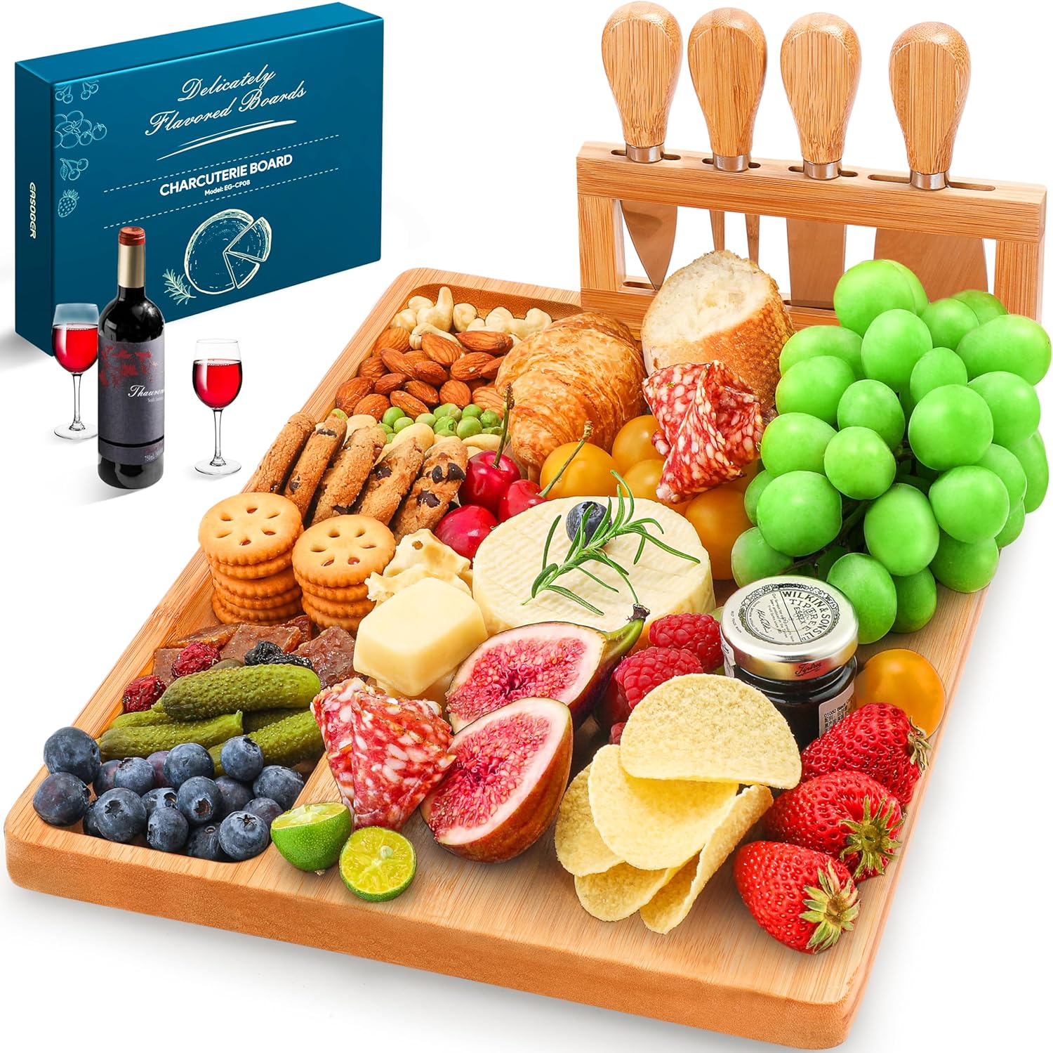 Easoger Juego de tabla de queso y cuchillos, tablas de charcutería extra grandes con soporte magnético para cuchillos, plato de queso regalo para