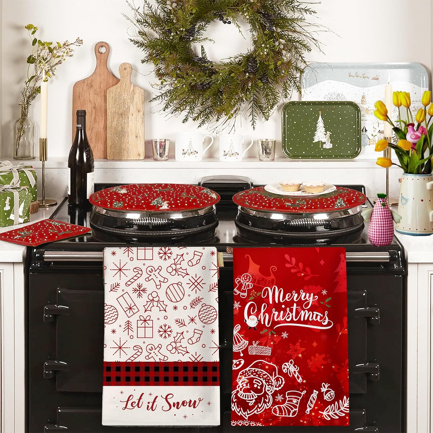 Juego de 2 toallas de cocina de Navidad, diseño de muñeco de nieve con texto en inglés Let it Snow a cuadros, juego de 2 paños para la inauguración