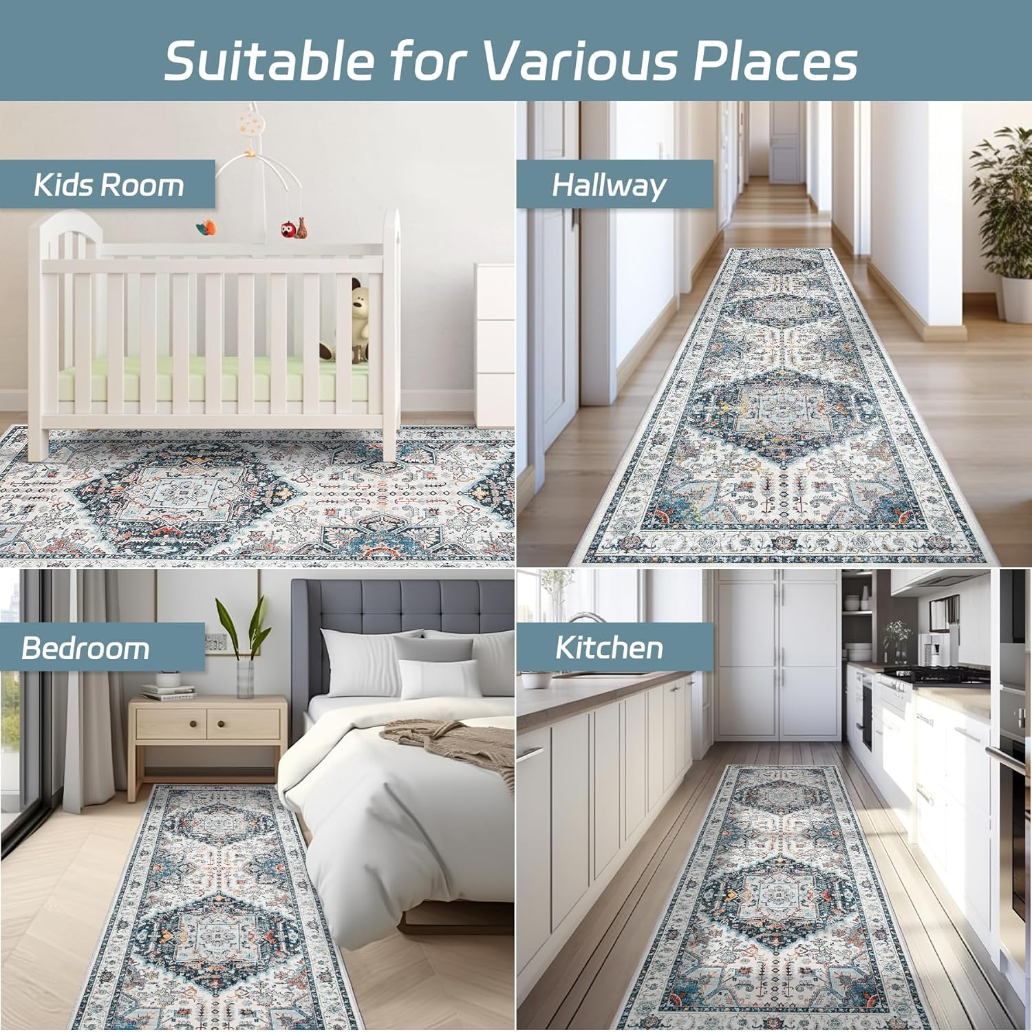 Madane Alfombra lavable de 2 x 7 pies, para pasillo, lavandería, cocina, entrada, alfombra antideslizante con parte trasera de goma, antideslizante,