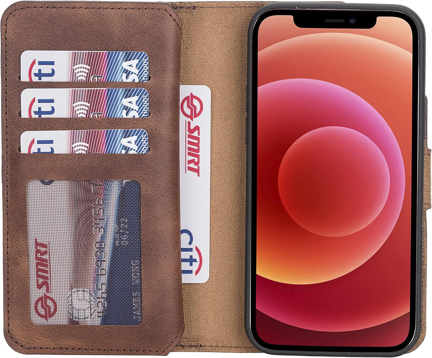 Funda de piel auténtica de alta calidad hecha a mano para iPhone 12 Pro de 6.1 pulgadas, tarjetero doble folio, funda magnética desmontable, soporte