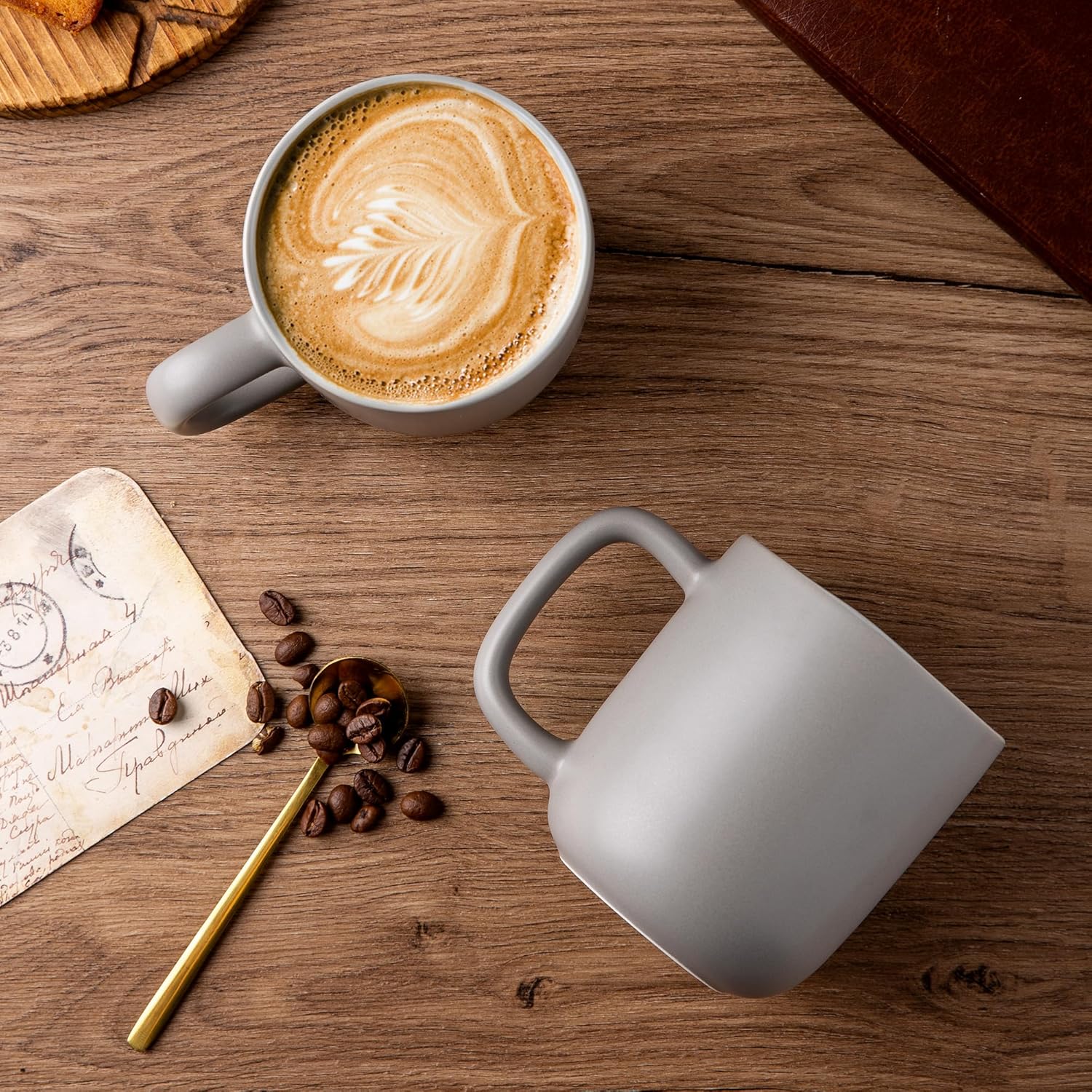 Juego de 6 tazas de café de 16 onzas, tazas de café de cerámica con mango grande y borde ondulado para café con leche, cacao caliente, té, tazas de