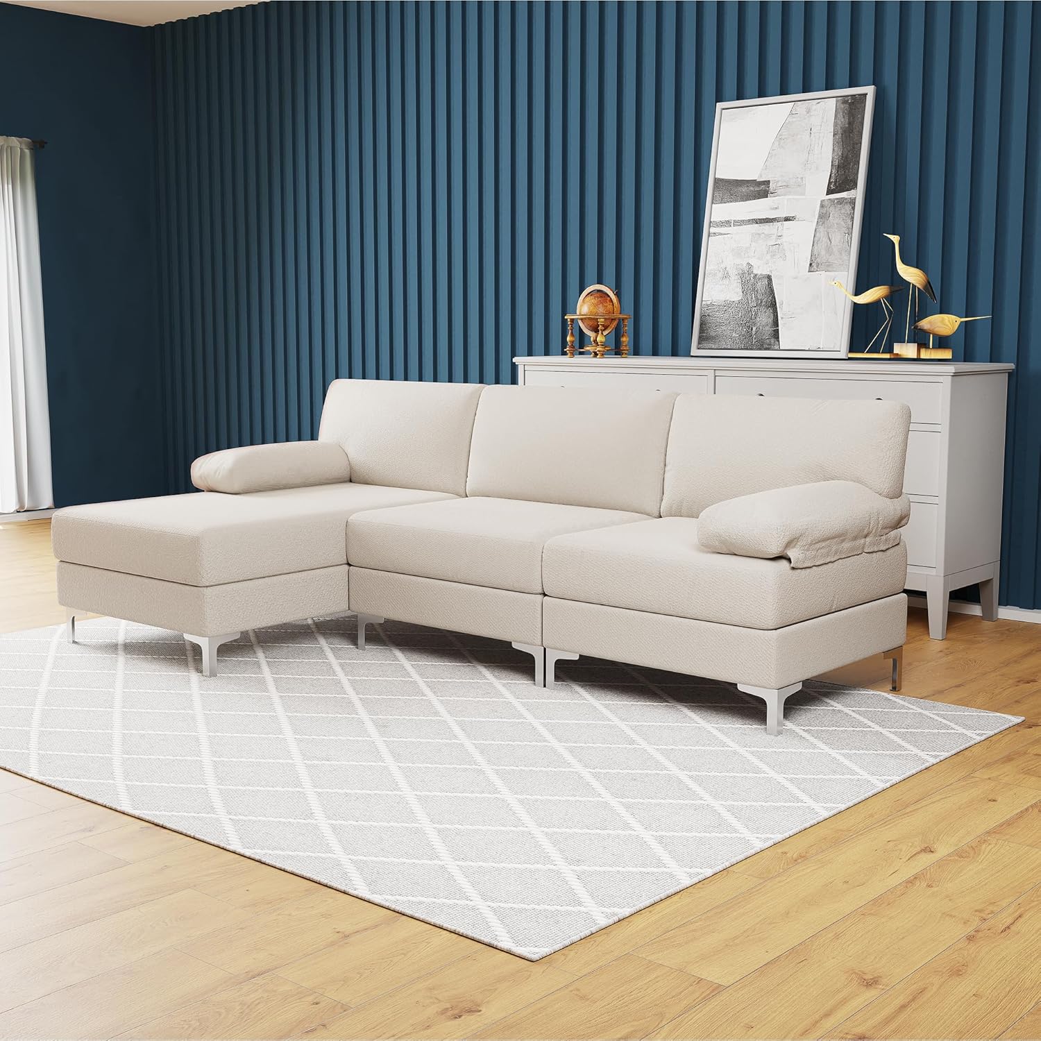 Casa Andrea Milano BOUCLÉ – Sofá modular en forma de L, sofá de lujo con diván extra ancho, sofá para sala de estar, apartamento, salón, color crema