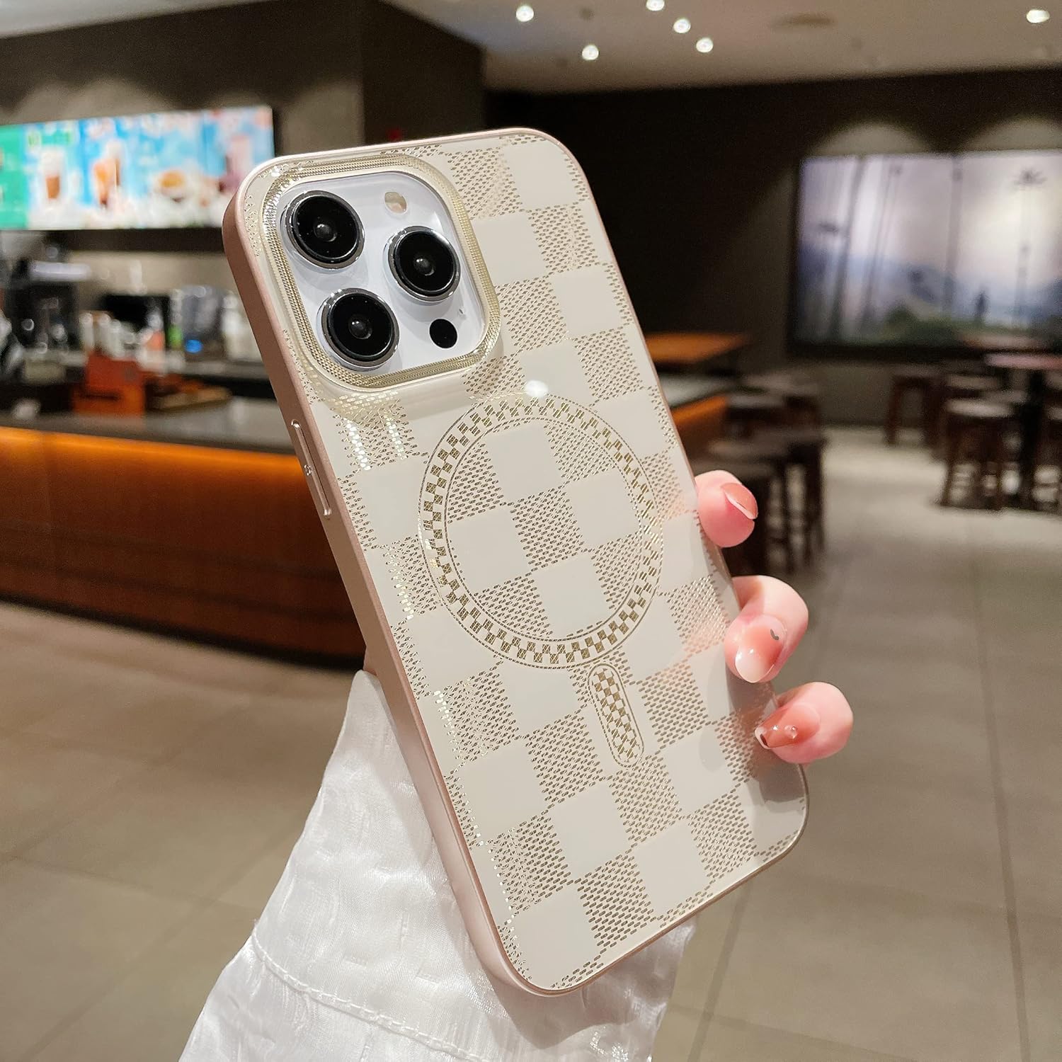 RMAONT Funda magnética para iPhone 13 Pro Max, diseño de cuadrícula de ajedrez a cuadros, funda protectora a prueba de golpes, parte trasera dura,