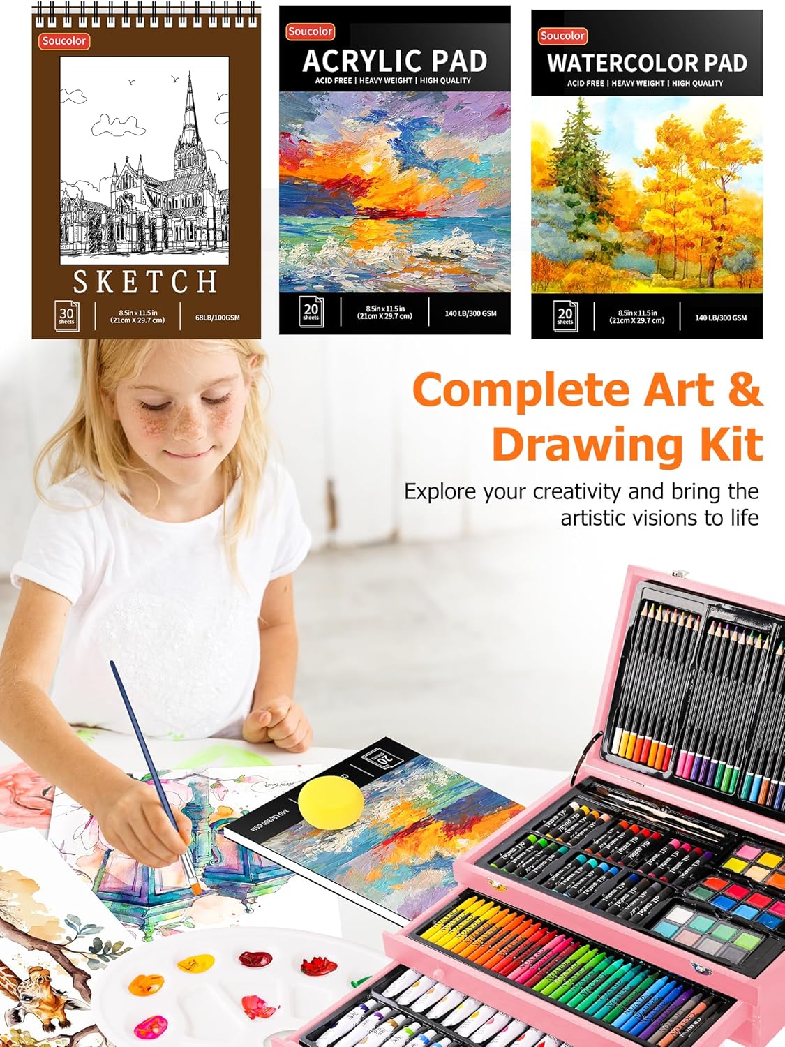 Soucolor Suministros de arte, paquete de 192 piezas de arte de lujo, suministros de pintura de dibujo, kit de arte con almohadilla acrílica,