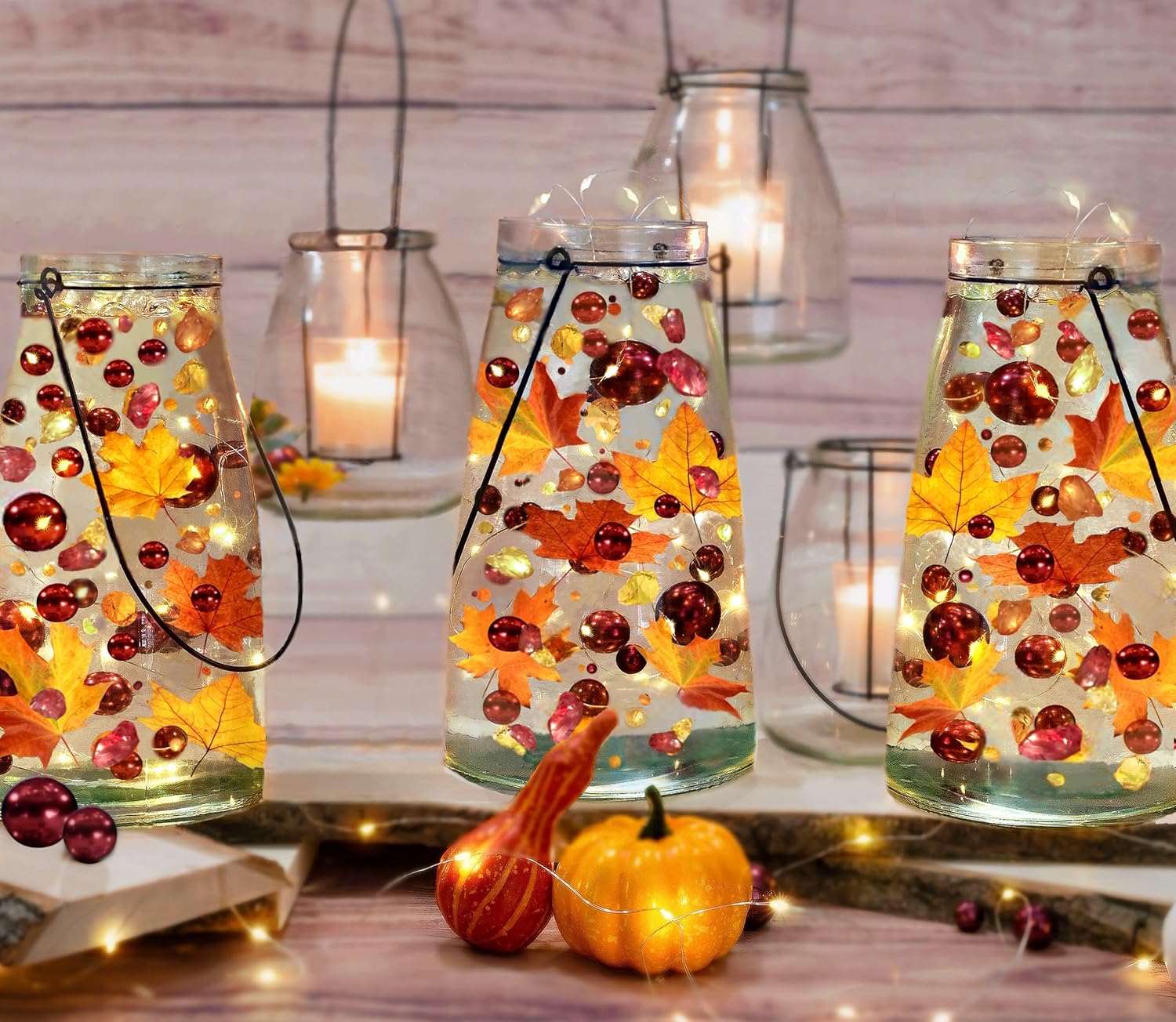 50 tonos flotantes de hojas de otoño brillantes, madres, perlas, guijarros, rellenos de 1 galón para jarrones, con gel transparente medido, kit