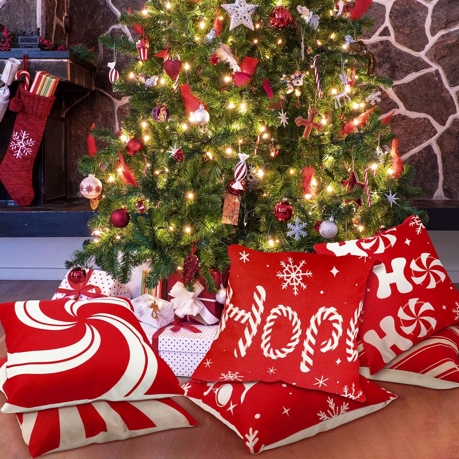 Buryeah Juego de 6 fundas de almohada de Navidad de 18 x 18 pulgadas, fundas de almohada decorativas de bastones de caramelo, fundas de almohada