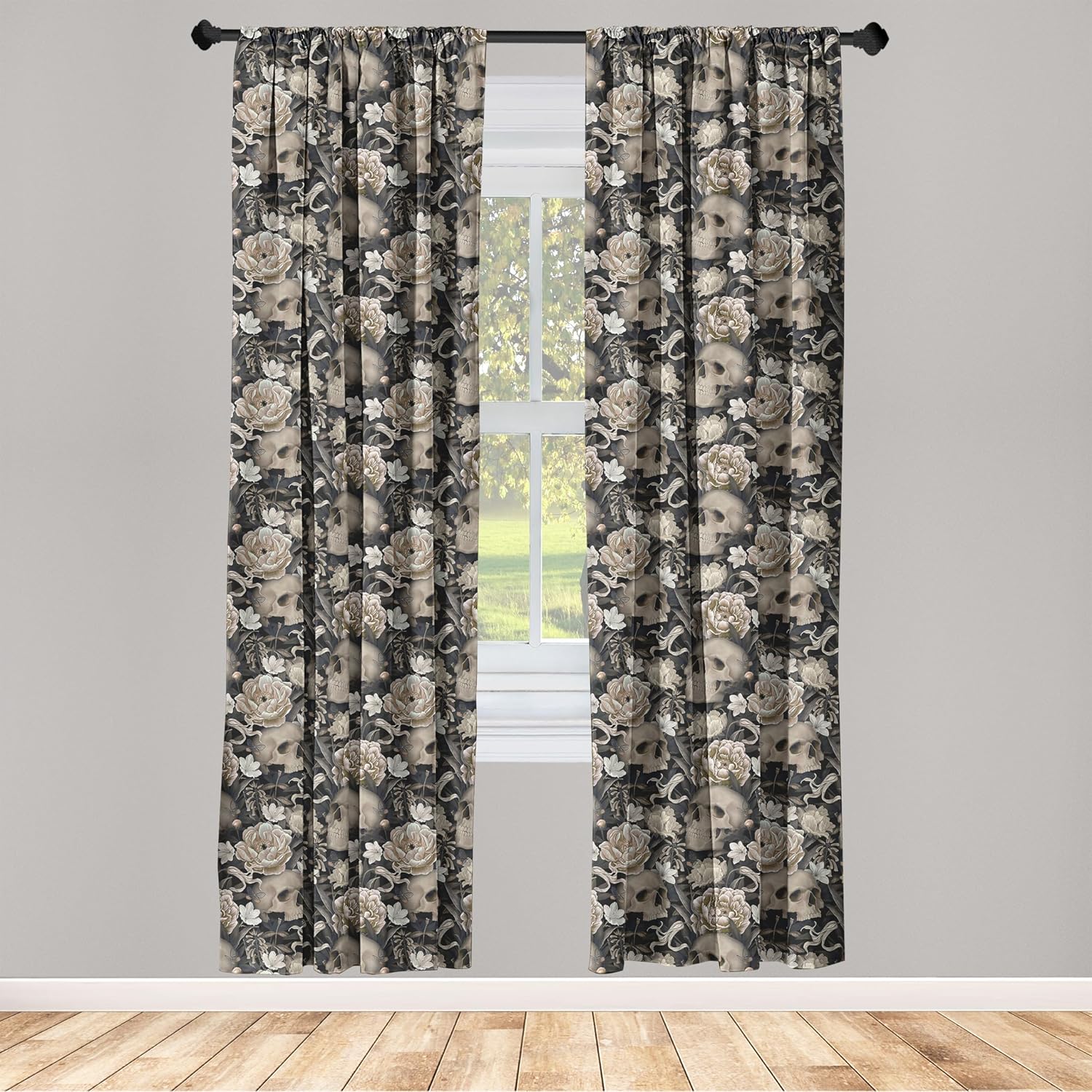 Ambesonne Gothic Curtains, Vintage Baroque Floral Skulls with Garden Flowers Flourishing Leaves, Window Treatments 2 Panel Set for Living Room