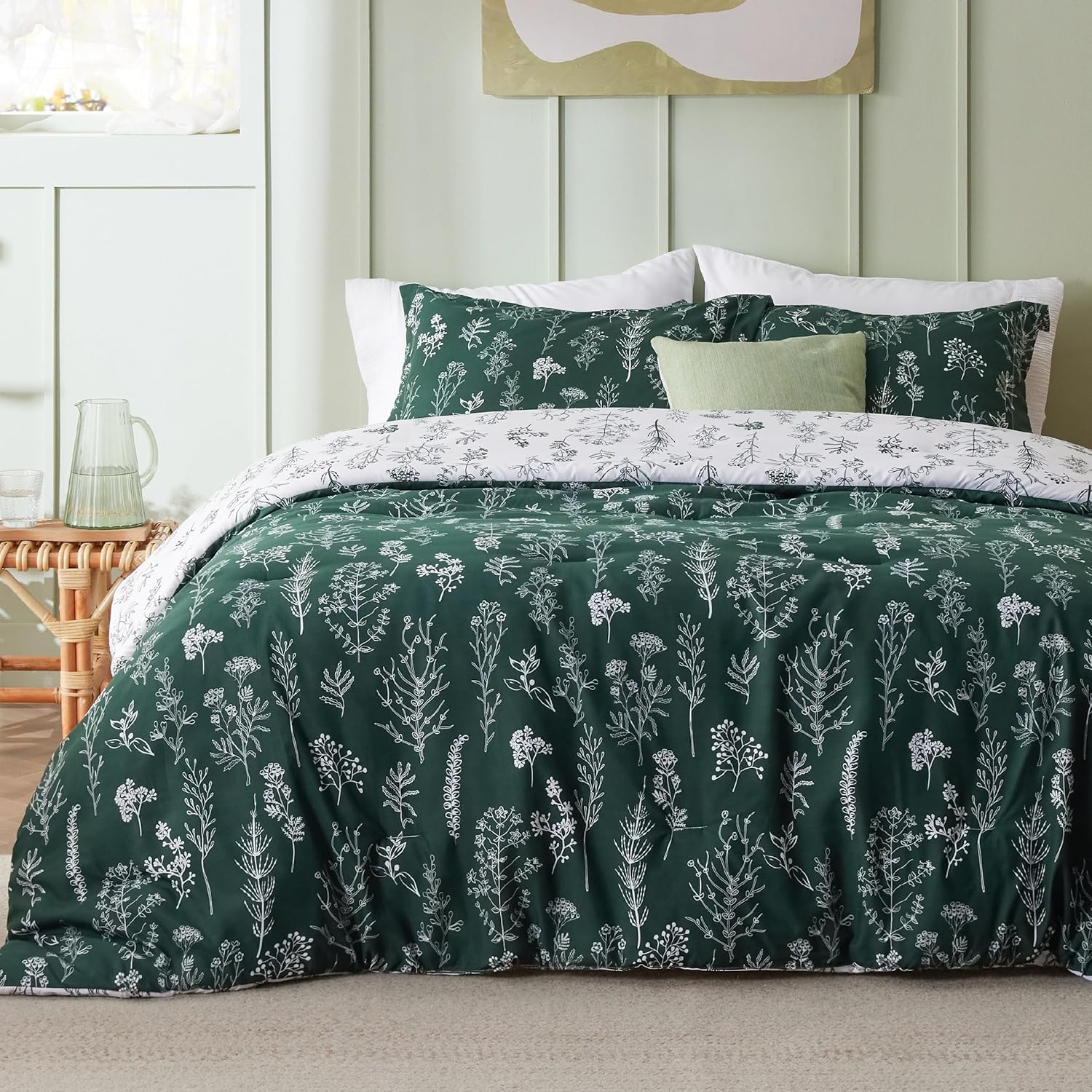 Bedsure Juego de edredón Queen  Edredón esmeralda, bonito juego de edredón floral, 3 piezas, 1 edredón reversible suave de flores botánicas y 2