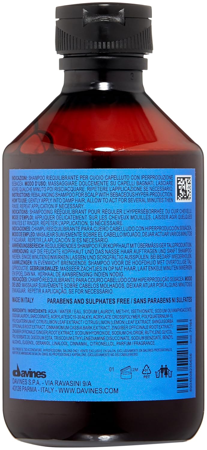 Davines Champú reequilibrante Naturaltech, limpia suavemente el cuero cabelludo mientras ayuda con el exceso de producción de sebo, añade brillo