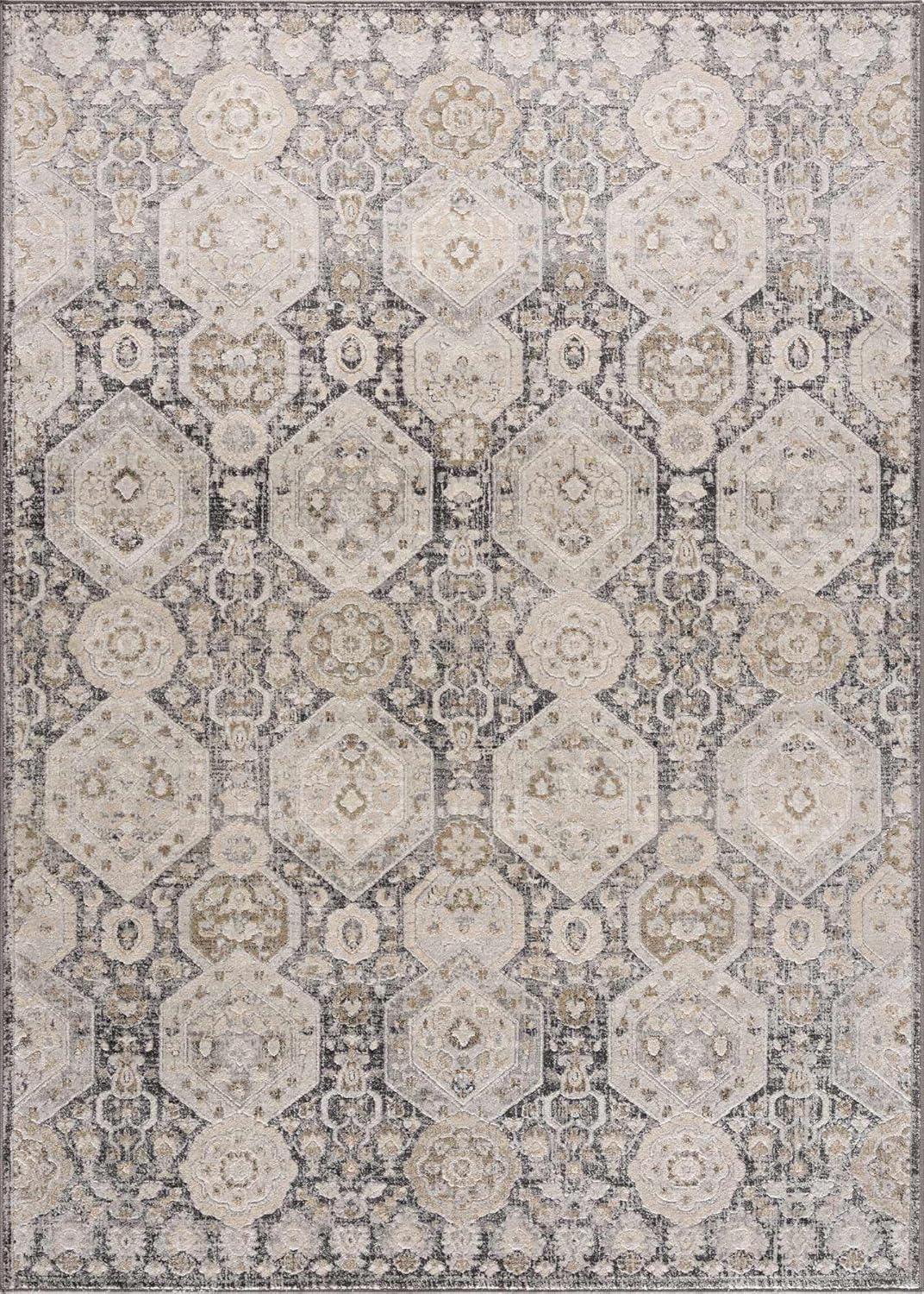 Hauteloom Minoa – Alfombra tradicional para sala de estar, dormitorio, color beige, negro, carbón, 8 pies 10 pulgadas x 12 pies
