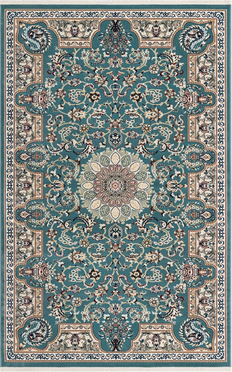 Rugs.com Rabia Collection – Alfombra baja azul de 5 x 8 pies, perfecta para dormitorios, comedores, salas de estar
