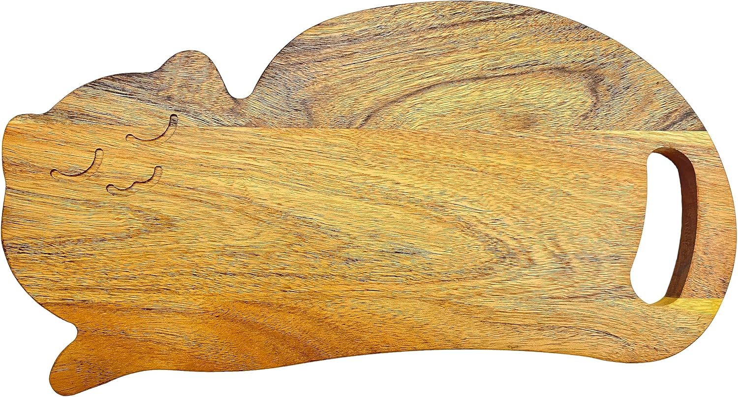 Divertida tabla de cortar de madera con forma de gato para cocina con asa, 8 pulgadas de largo x 15.25 pulgadas de ancho, tabla de servir de