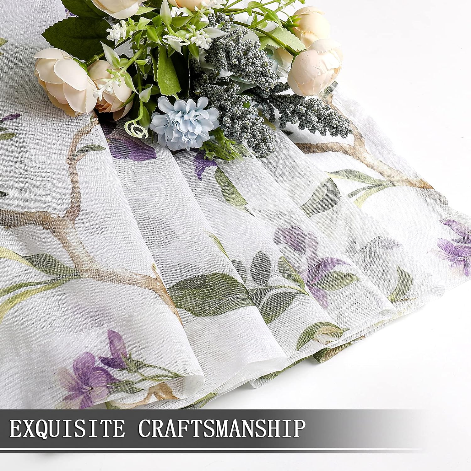 Tollpiz Cortinas traslúcidas con estampado floral de cerezo morado y mariposa, cortinas para sala de estar, cortinas con bolsillo para barra,