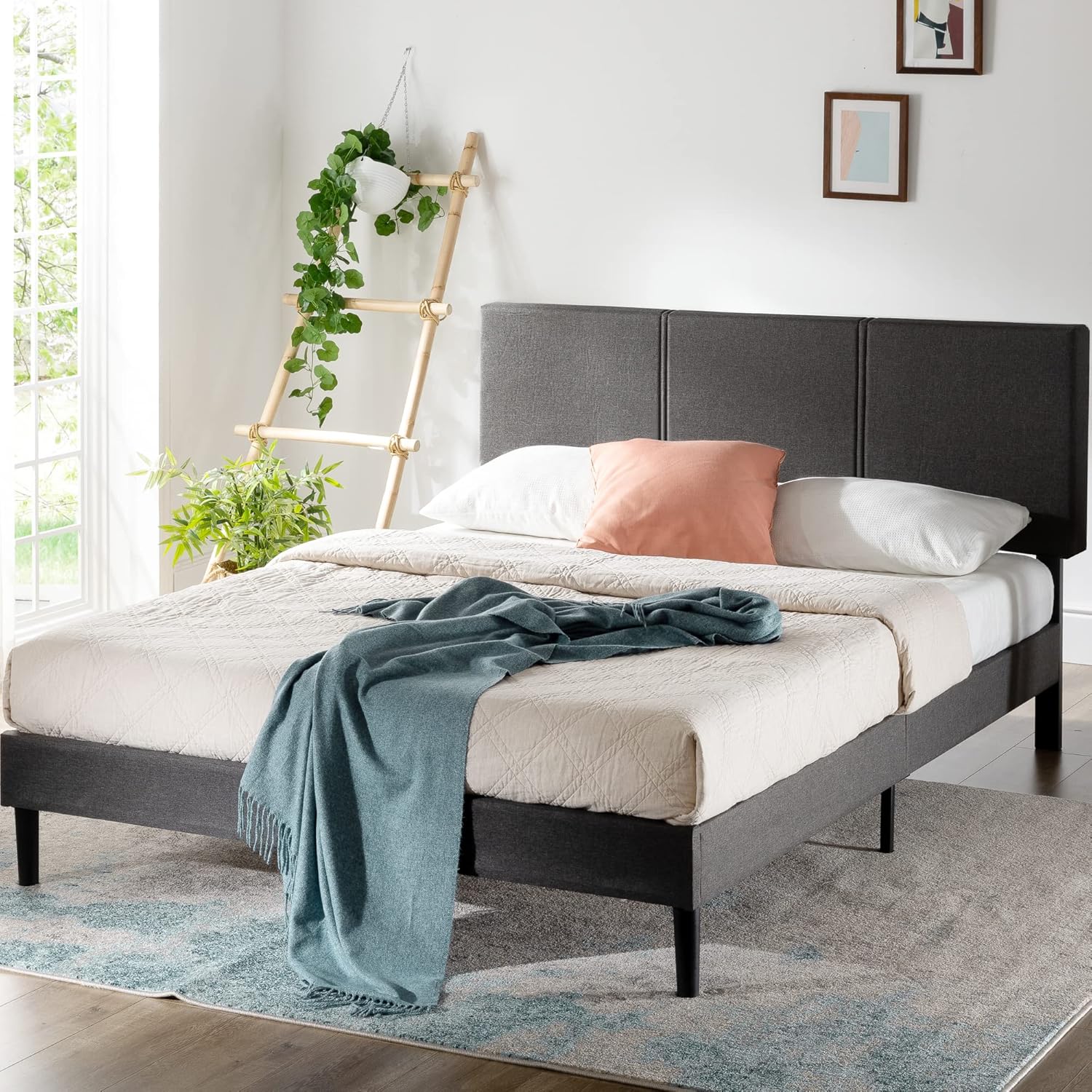 ZINUS Cambril – Base de cama tapizada con listones de bambú sostenibles, no necesita somier, base de colchón, fácil montaje, tamaño Queen