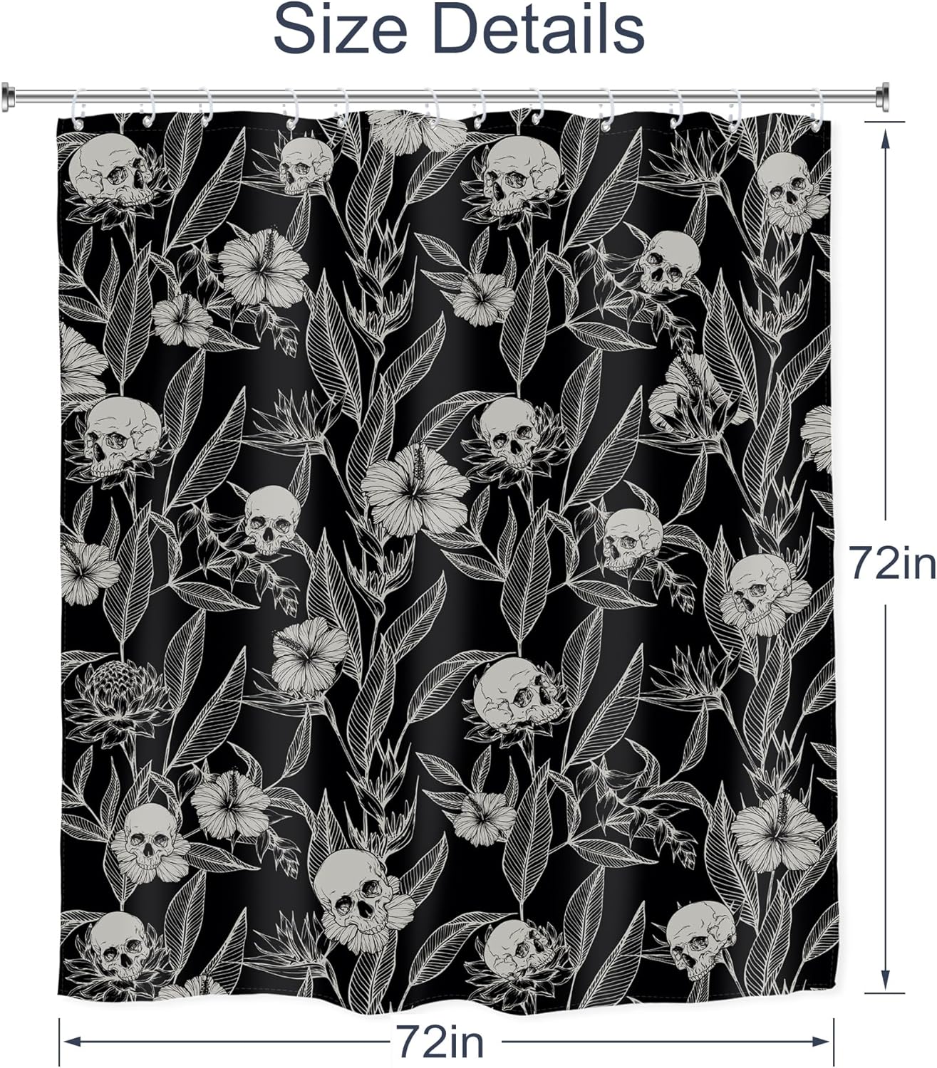 AMBZEK Cortina de ducha con diseño floral de calavera negra, 72 pulgadas de ancho x 72 pulgadas de largo, para hombre, gótico, espeluznante,