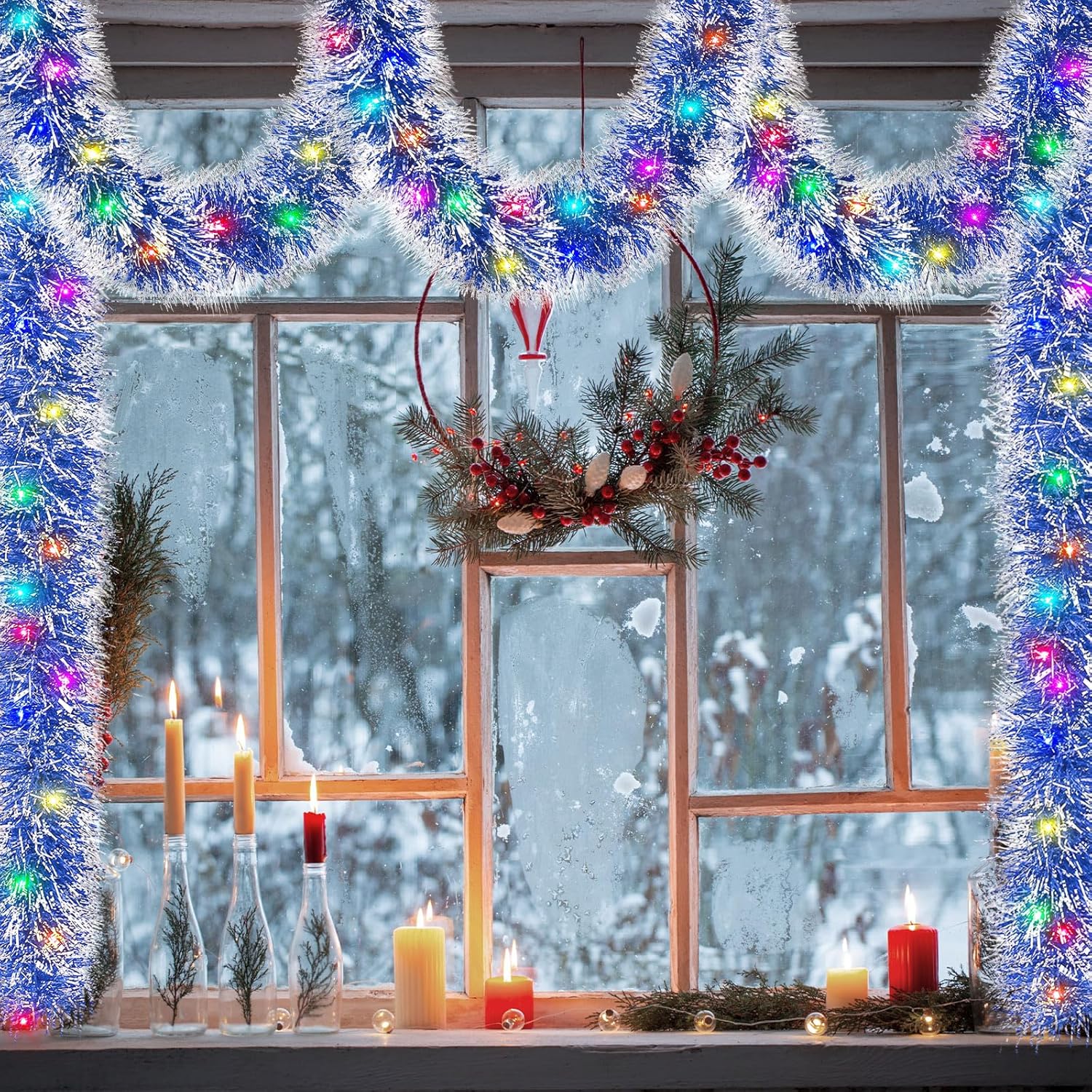 Guirnalda de oropel de Navidad de 100 pies con enchufe, 300 luces LED, guirnalda metálica para colgar, guirnalda de Navidad con luces multicolor