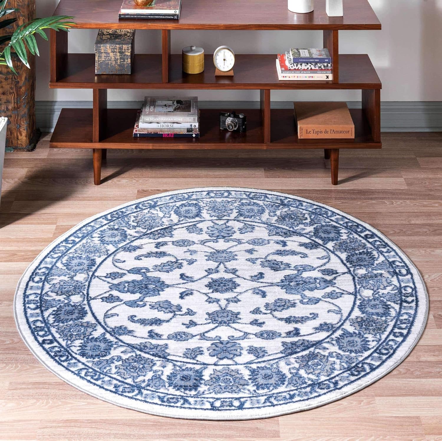 Unique Loom Boston Collection – Alfombra de área con diseño floral (3 pies 3 pulgadas, redonda, blanco, azul y gris)