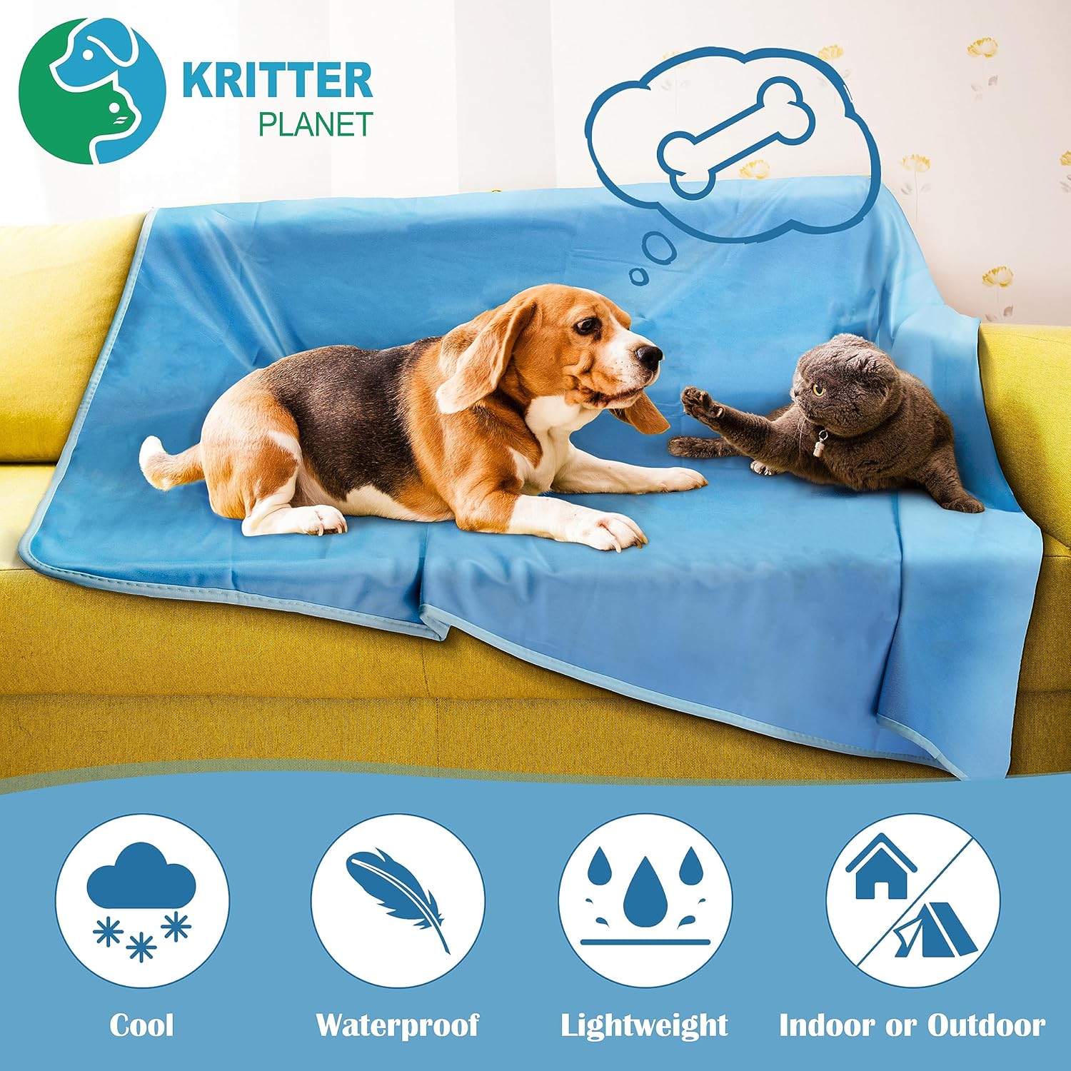 Kritter Planet Funda de cama refrescante impermeable para perro, manta reversible para mascotas, tapete de cama para mascotas, funda protectora para