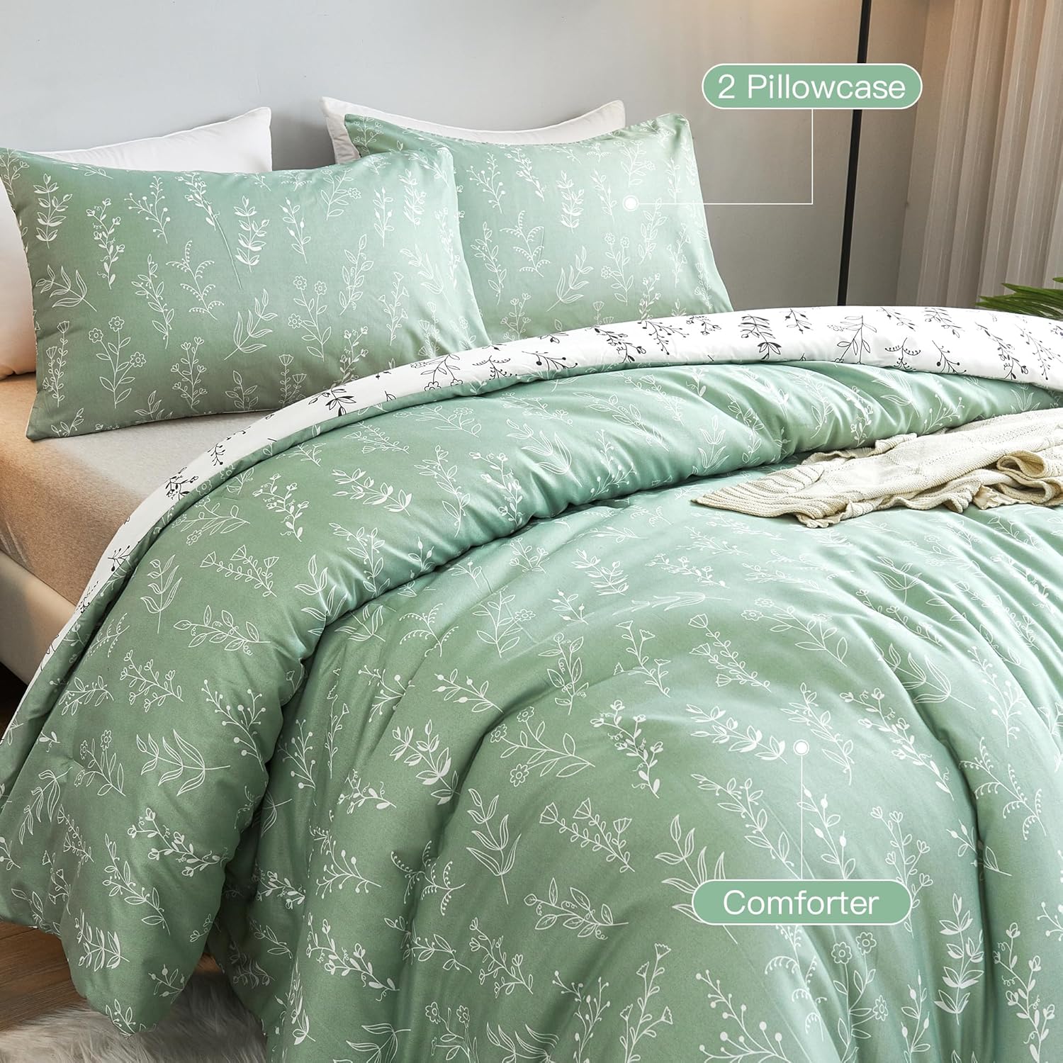 SeaRoomy Juego de edredón tamaño Queen, 3 piezas reversibles con estampado floral, color verde salvia y blanco, flores botánicas para todas las
