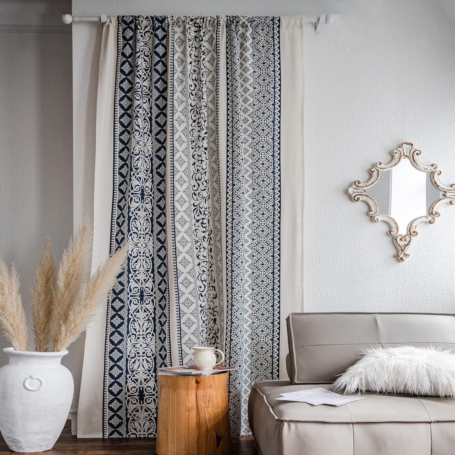 VOGOL Cortinas bohemias con estampado geométrico, 59 x 63 pulgadas, filtrado de luz, lino y algodón, cortinas decorativas para ventana para sala de