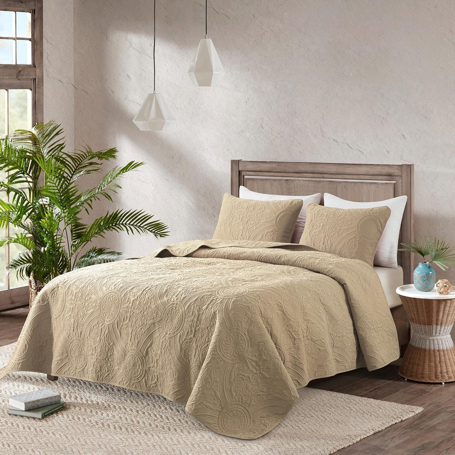 Juego bohemio de ropa de cama con fundas de almohada, colcha ligera extragrande, manta acolchada y delgada, 3piezas, 118 x 106pulgadas, tamaño