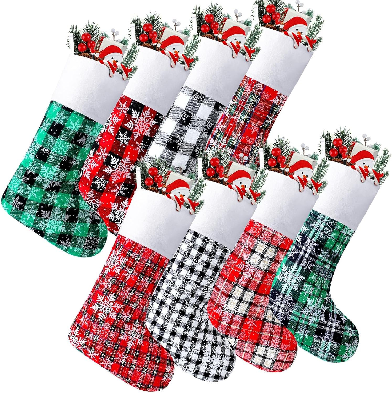 Tatuo 8 medias de Navidad de 15 pulgadas, calcetines de lana cuadriculada, calcetines colgantes de hueso, medias de tela para mascotas, adorno de