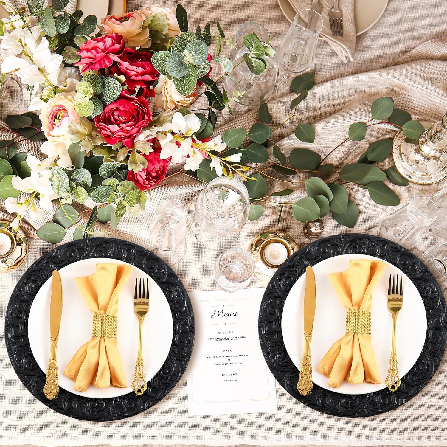 Zhehao 50 unidades de platos antiguos a granel de 13 pulgadas con borde en relieve de plástico, platos redondos decorativos para cenas, bodas,