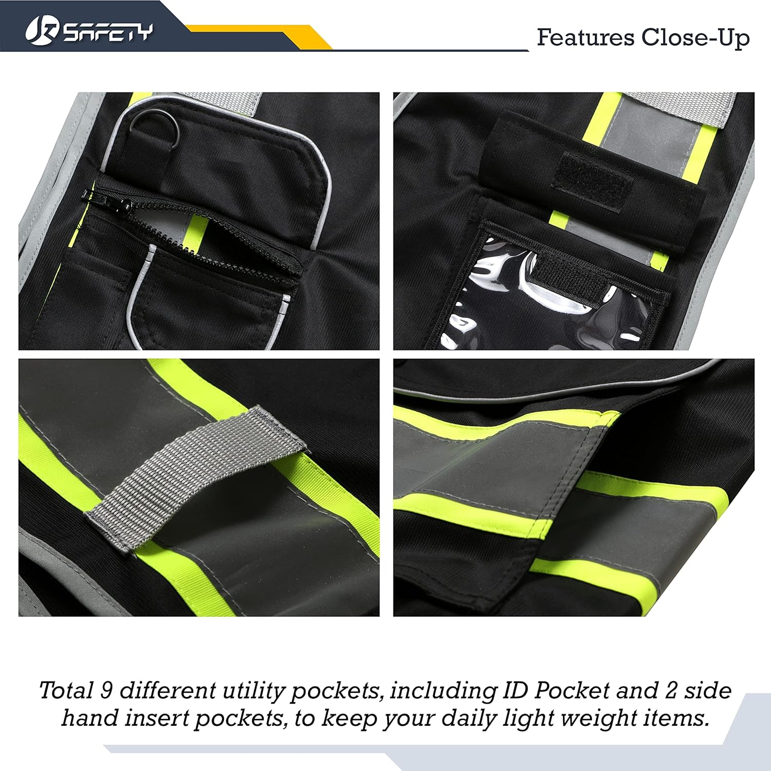 JKSafety – Chaleco de seguridad con cierre frontal 9 bolsillos clase 2 alta visibilidad con correas reflectantes, cumple con normas ANSIISEA…