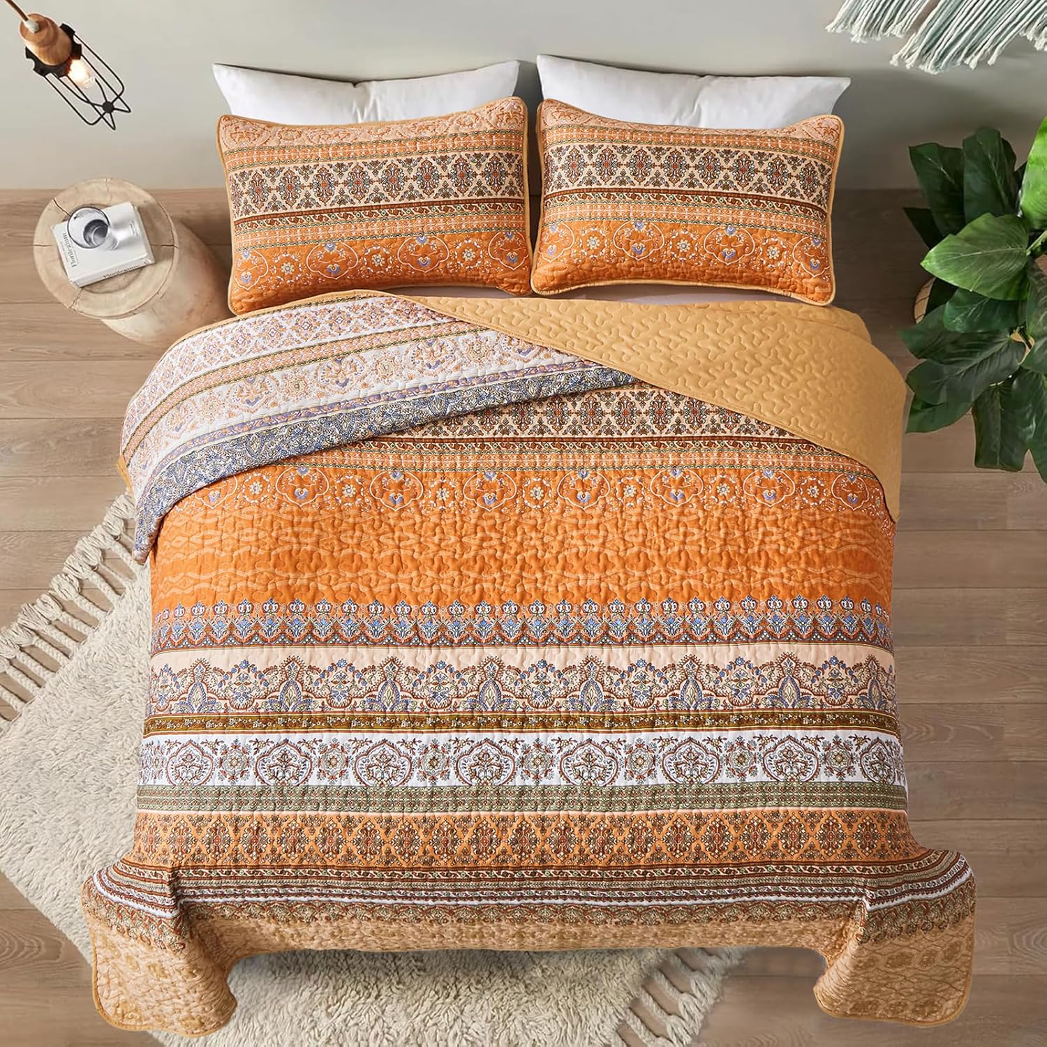 Juego de edredón bohemio tamaño Queen, colcha con estampado de rayas bohemias para todas las estaciones, juego de ropa de cama de microfibra ligera