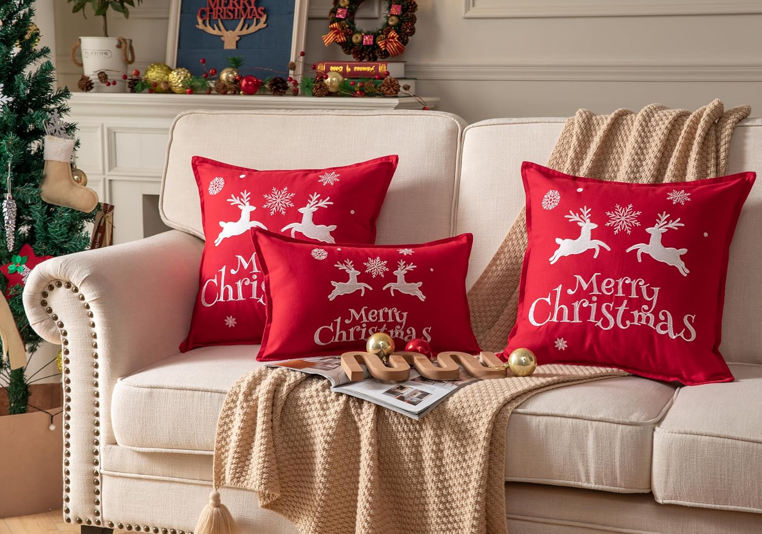 Juego de 2 fundas de almohada navideñas de 18 x 18 pulgadas, juego de 2 fundas de almohada bordadas para decoraciones navideñas, decoración moderna