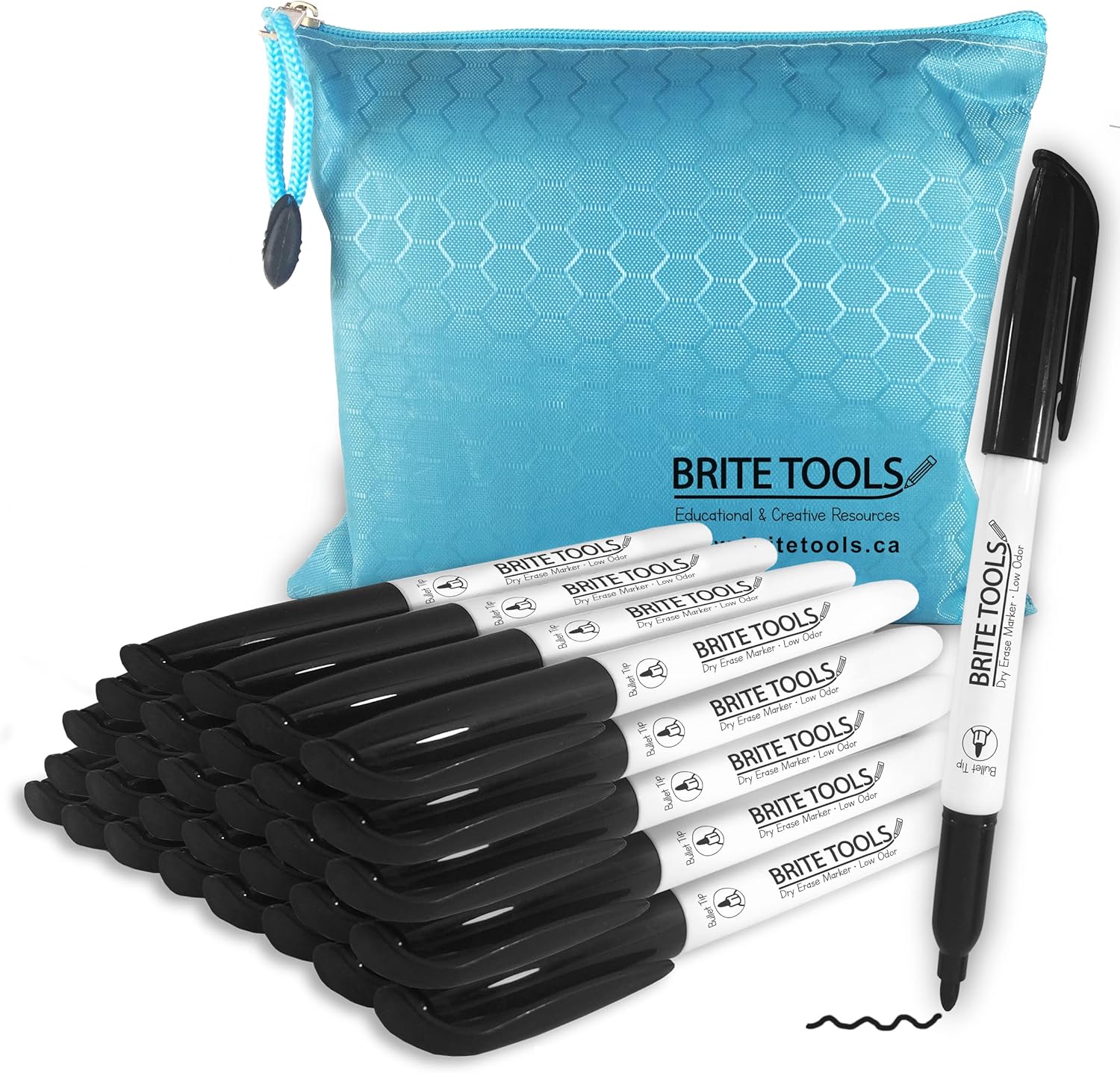 Brite Tools 30 marcadores negros de borrado en seco de bajo olor con punta fina y bolsa de almacenamiento para pizarra blanca, niños, estudiantes,