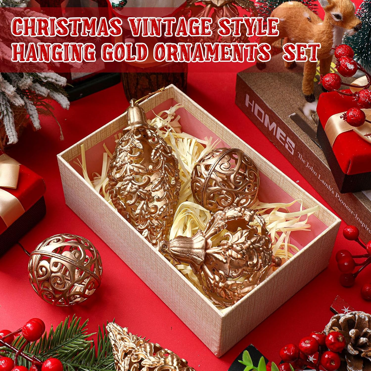 Shappy 6 adornos de bola de Navidad dorados de Navidad de 235 pulgadas, colgante de diamante, adorno de árbol de Navidad, decoraciones de Navidad